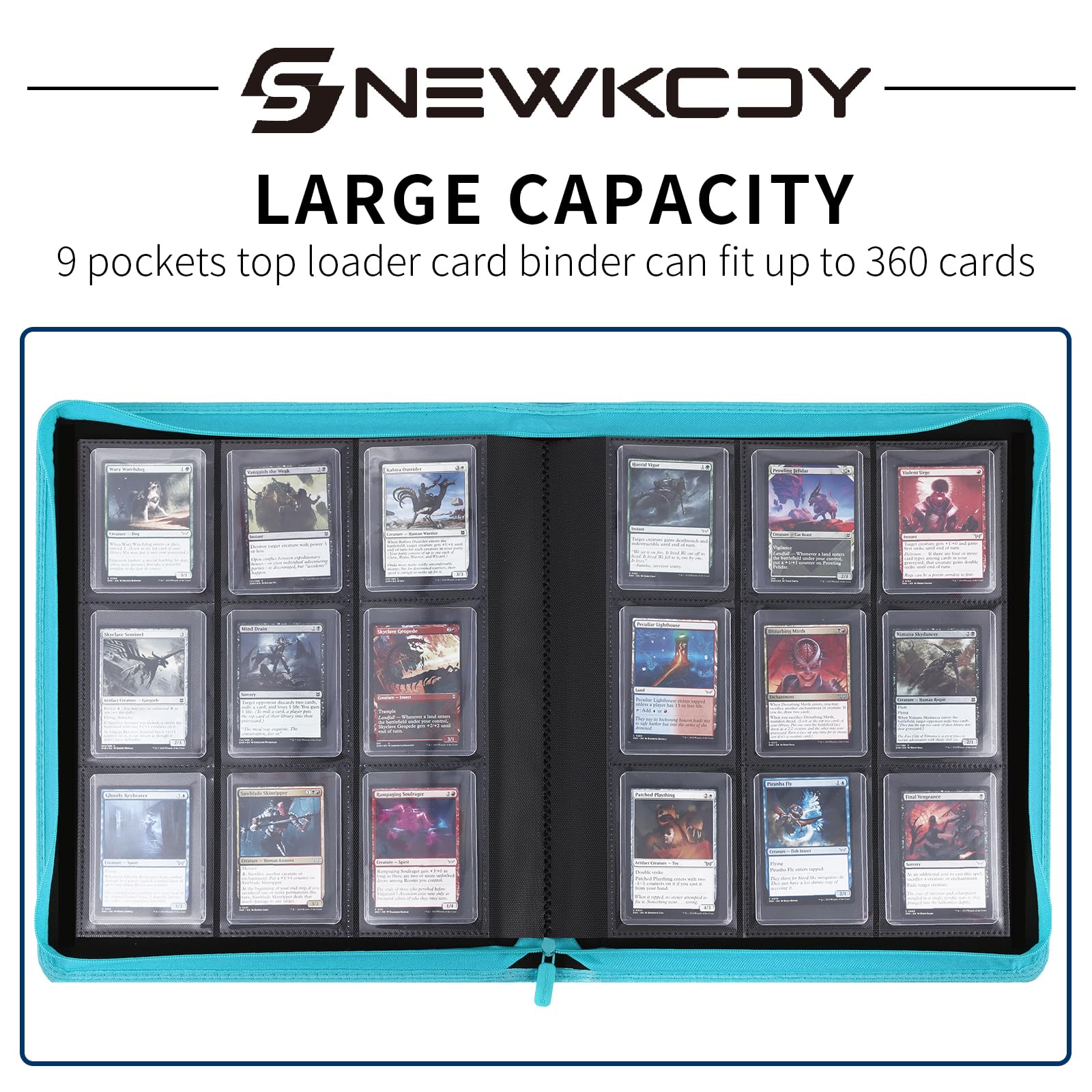 Snekdy Top loader Binder, 9 Pockets Top Loader，Holds 360 Top Loaders cards, Card binder with Sleeves for card in 3 x 4 inches color smooth Zipper PU Leather (Black)