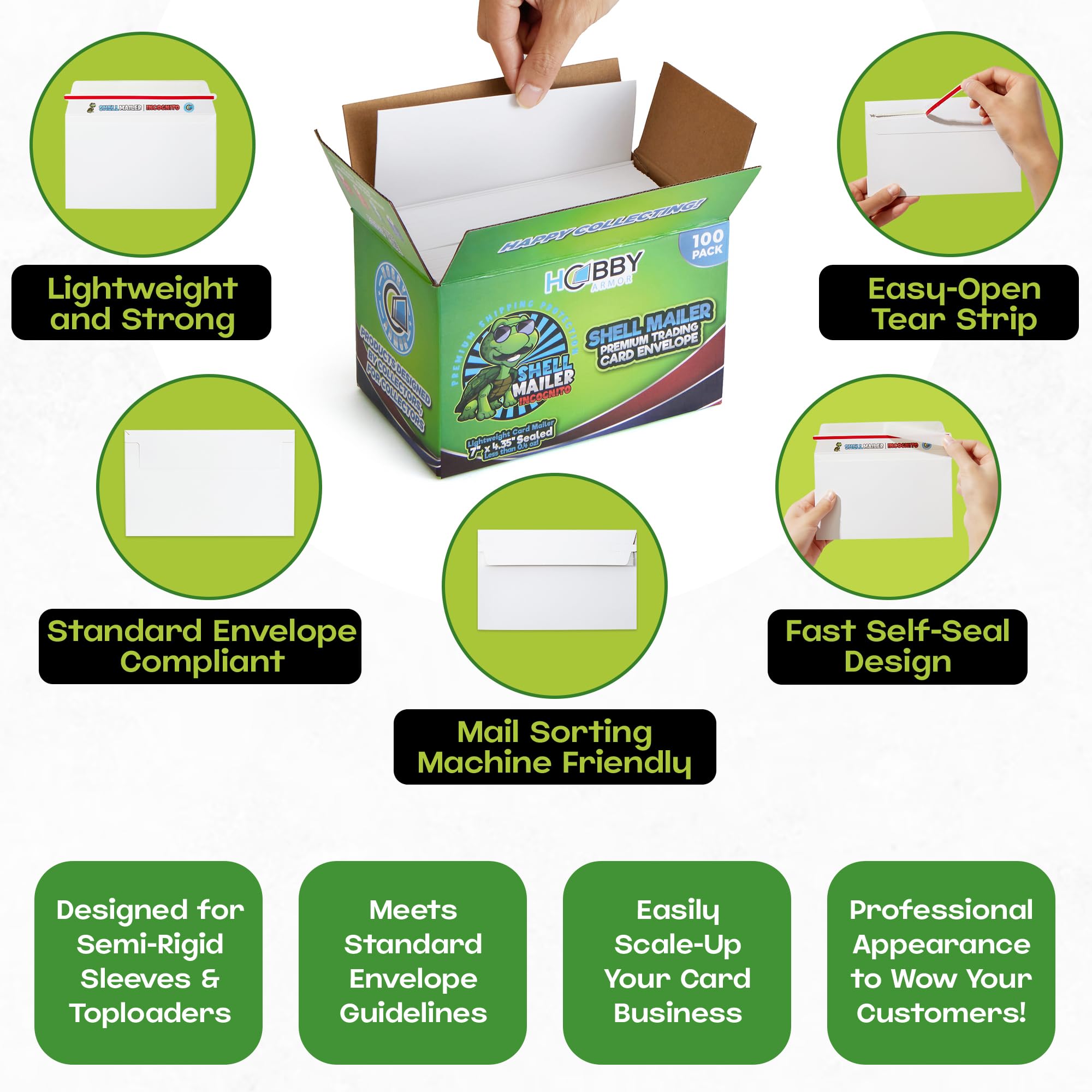 100 Pack Shell Mailer Incognito Trading Card Envelopes by Hobby Armor, 7" x 4.35" Trading Card Mailers for Shipping, Perfect Size Shipping Envelope for Mailing Cards in Semi-Rigid Holders & Toploaders