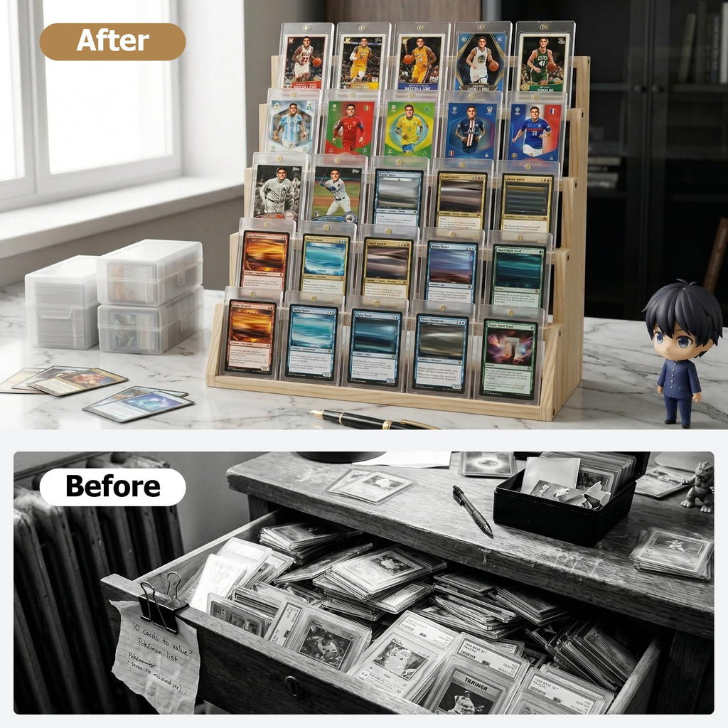 5 Tier Wooden Card Display Stand – Vertical Card Holder Display for Trading Cards, Game Cards, Sports Cards, Graded PSA/BGS/SGC, Baseball, Basketball&Football(Soccer) Card Stand, Desk & Shelf Organize,Black