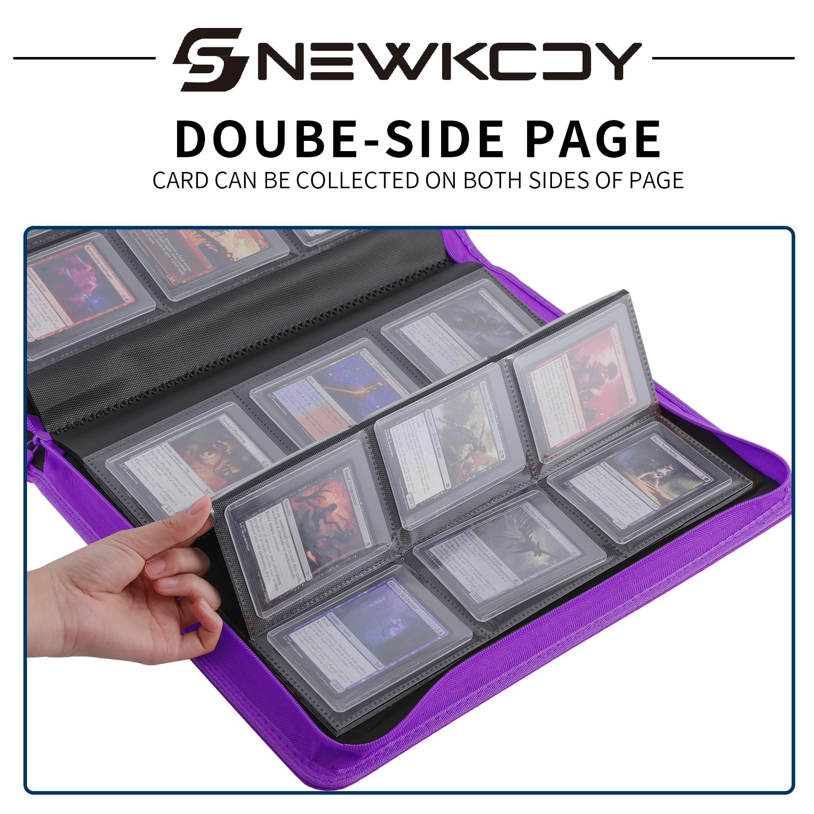 Snekdy Top loader Binder, 9 Pockets Top Loader，Holds 360 Top Loaders cards, Card binder with Sleeves for card in 3 x 4 inches color smooth Zipper PU Leather (Black)
