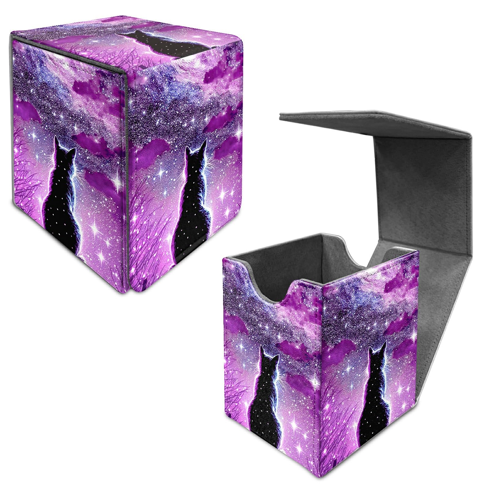 Card Deck Box Trading Cards Storage Box with Strong Magnet Premium Case Commander Deck Storage Cover for TCG CCG Magic Cards,Cat Face With Stars