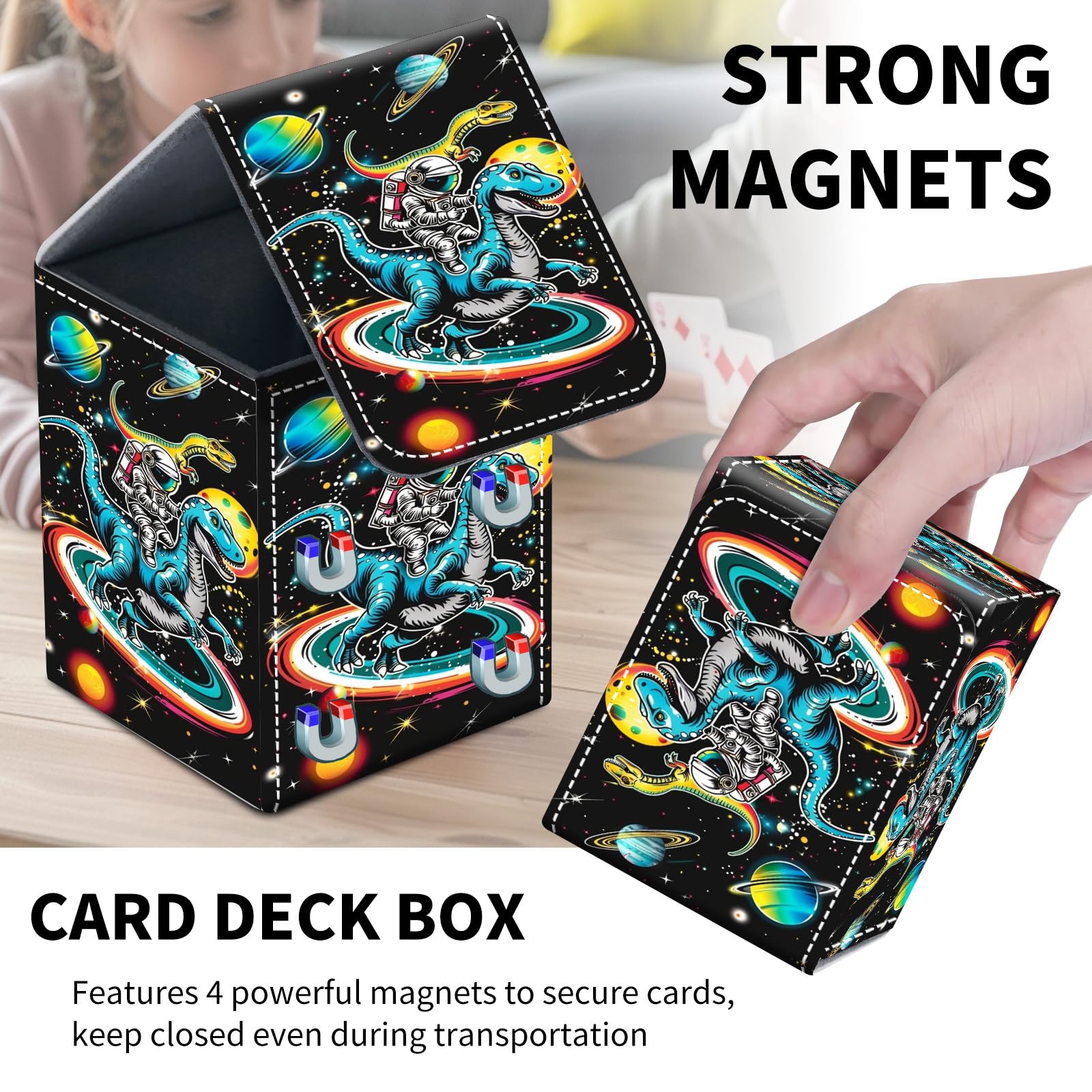 Card Deck Box for MTG Trading Cards, Magic Card Box Can Hold 110+ Single Sleeved Cards, Waterproof PU Leather Material, Strong Magnetic Buckle Card Set Box Suitable for TCG CCG, Astronaut Dinosaur