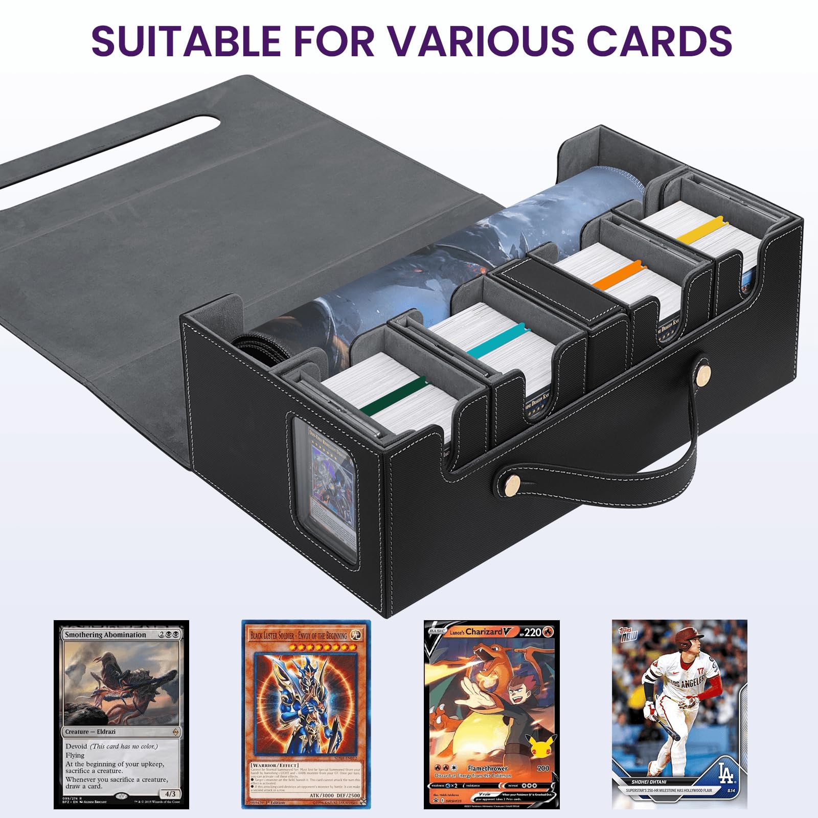 Card Deck Box for MTG with Commander Display, 5 in 1 Card Storage Box Fits 400+ Double-sleeved Cards, Deck Case for TCG Cards with Dividers, Dice Tray, Magnetic Card Holders, Black Purple