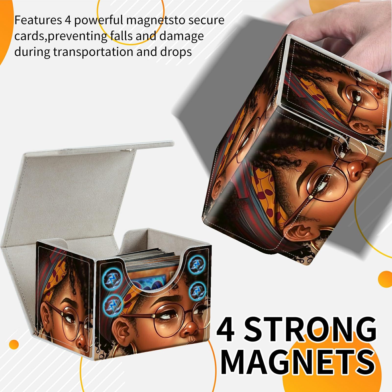 Card Deck Box Trading Cards Storage Box with Strong Magnet Premium Case Commander Deck Storage Cover for TCG CCG Magic Cards,Cat Face With Stars