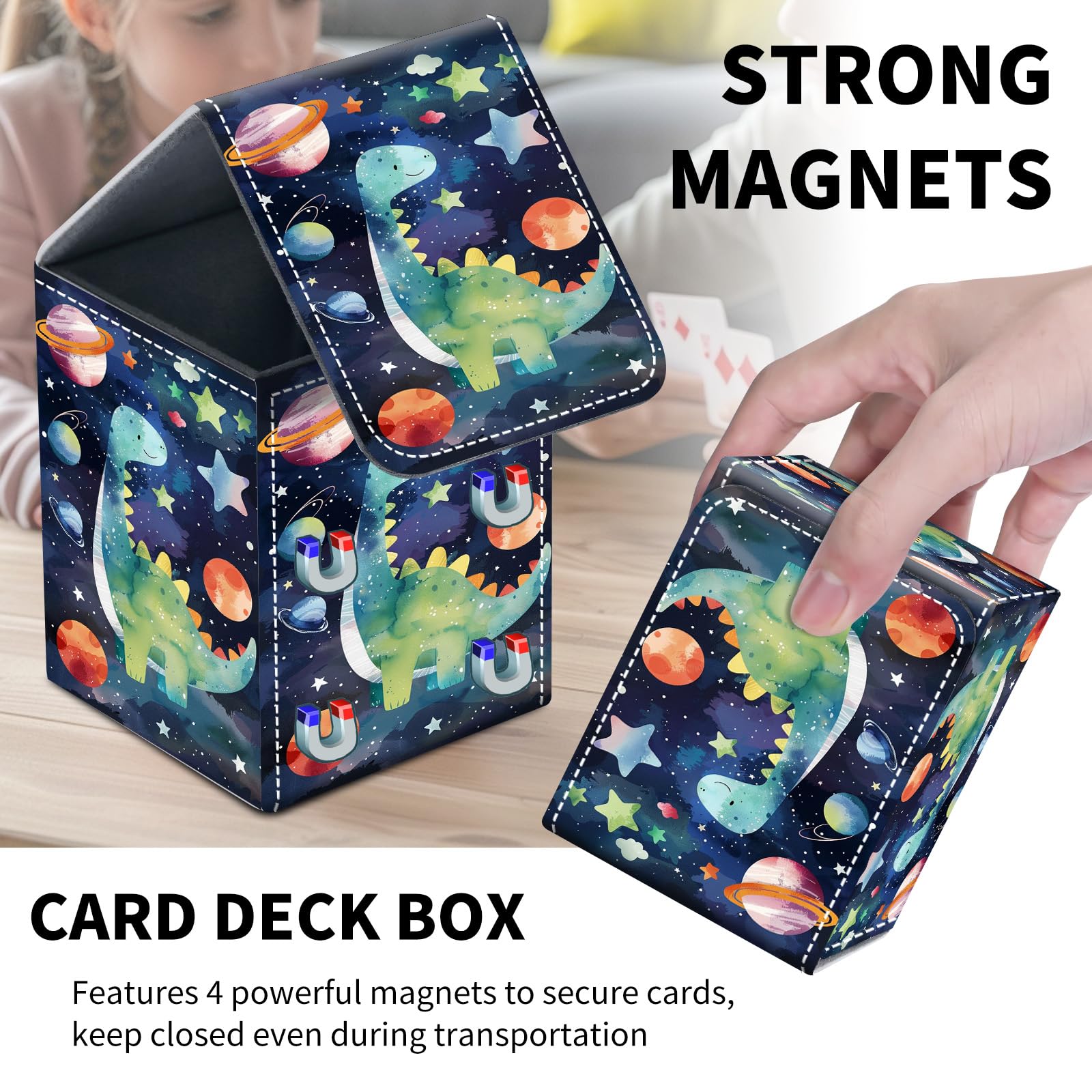 Card Deck Box for MTG Trading Cards, Magic Card Box Can Hold 110+ Single Sleeved Cards, Waterproof PU Leather Material, Strong Magnetic Buckle Card Set Box Suitable for TCG CCG, Astronaut Dinosaur