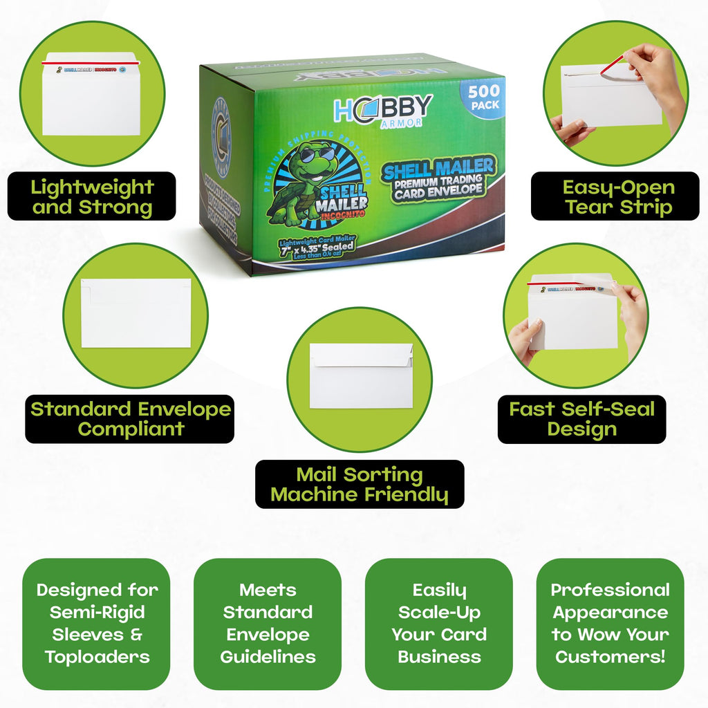 100 Pack Shell Mailer Incognito Trading Card Envelopes by Hobby Armor, 7" x 4.35" Trading Card Mailers for Shipping, Perfect Size Shipping Envelope for Mailing Cards in Semi-Rigid Holders & Toploaders