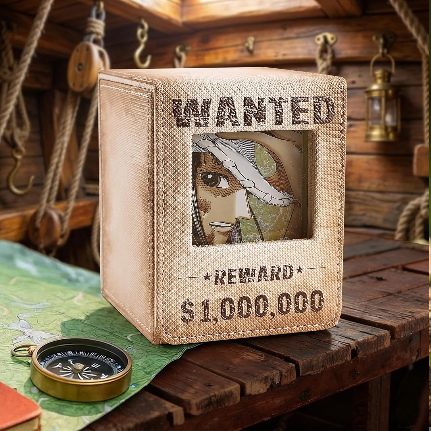 Venssu Wanted Poster Themed Deck Box with Commander Display, MTG Card Deck Case Fit 120 Single Sleeved Cards, PU Leather Magnetic Card Storage Box with 2 Dividers, Compatible with One Piece/TCG