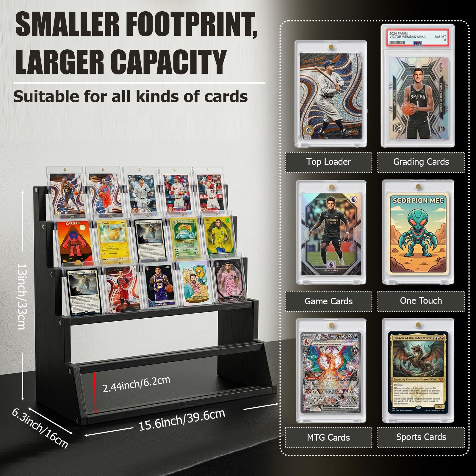 5 Tier Wooden Card Display Stand – Vertical Card Holder Display for Trading Cards, Game Cards, Sports Cards, Graded PSA/BGS/SGC, Baseball, Basketball&Football(Soccer) Card Stand, Desk & Shelf Organize,Black