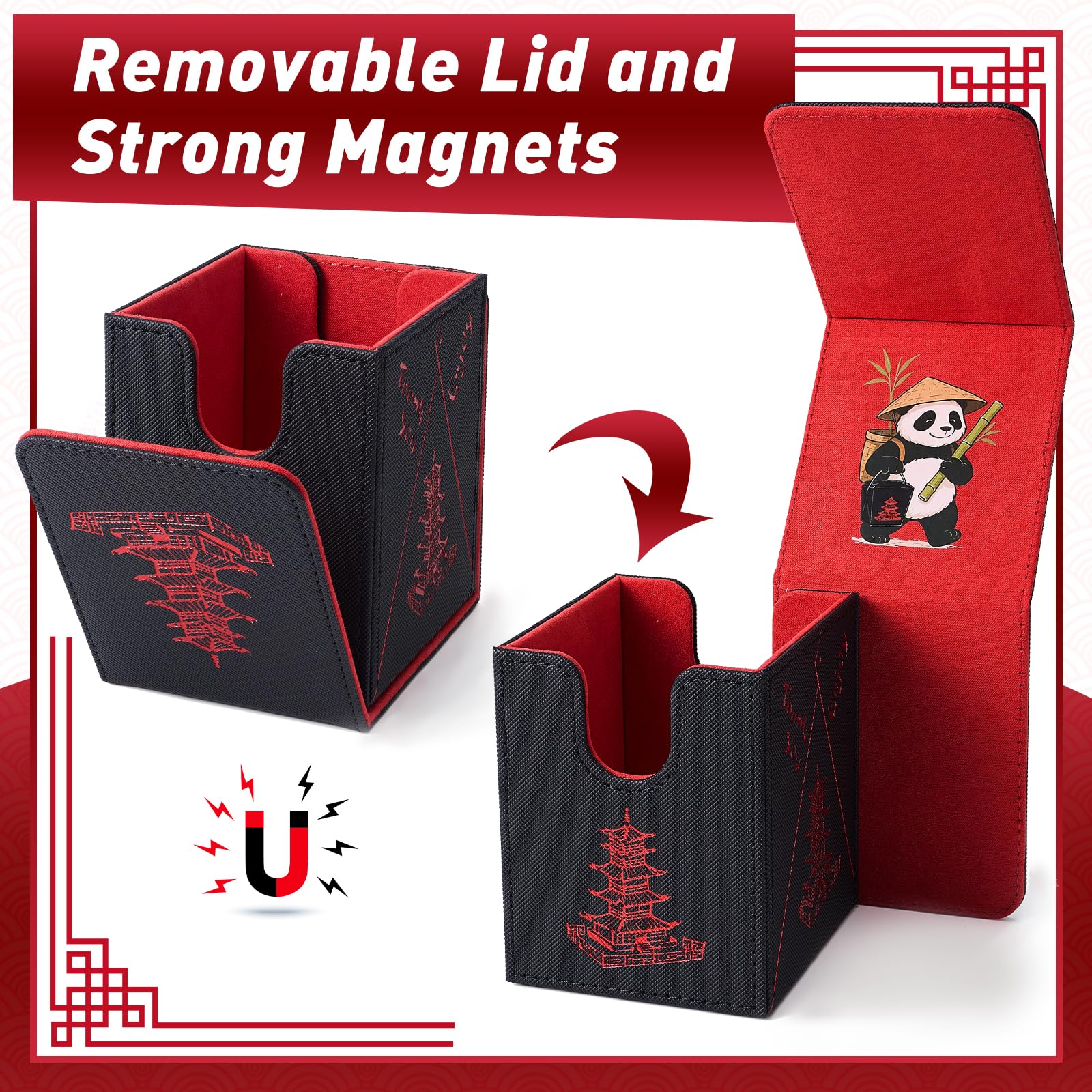 Venssu Chinese Takeout MTG Commander Deck Box, Fits TCG Cards (Black&Red) | Holds 130 Single/100 Double-Sleeved Cards, Fit MTG/PTCG/OPTCG Cards, Strong Magnet, PU Leather, With 2 Dividers