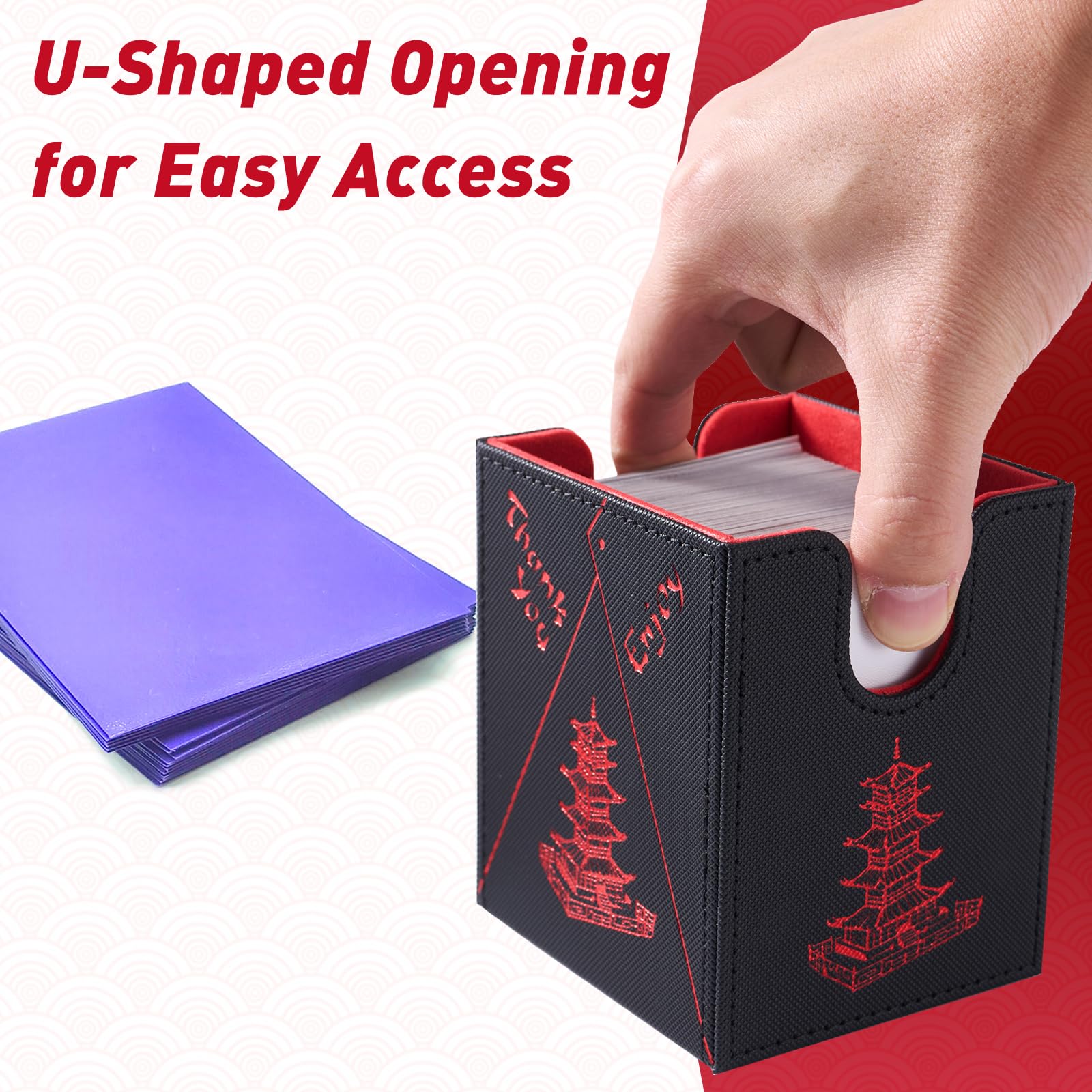 Venssu Chinese Takeout MTG Commander Deck Box, Fits TCG Cards (Black&Red) | Holds 130 Single/100 Double-Sleeved Cards, Fit MTG/PTCG/OPTCG Cards, Strong Magnet, PU Leather, With 2 Dividers