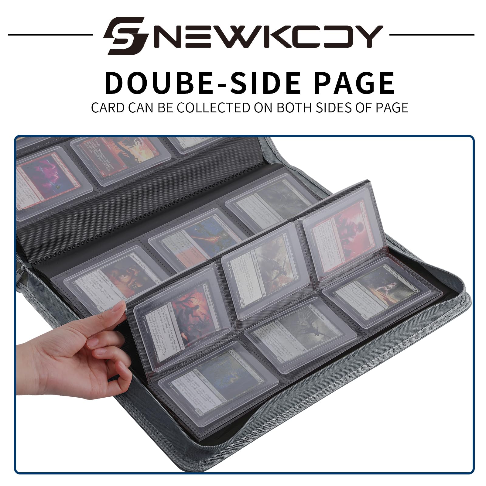 Snekdy Top loader Binder, 9 Pockets Top Loader，Holds 360 Top Loaders cards, Card binder with Sleeves for card in 3 x 4 inches color smooth Zipper PU Leather (Black)