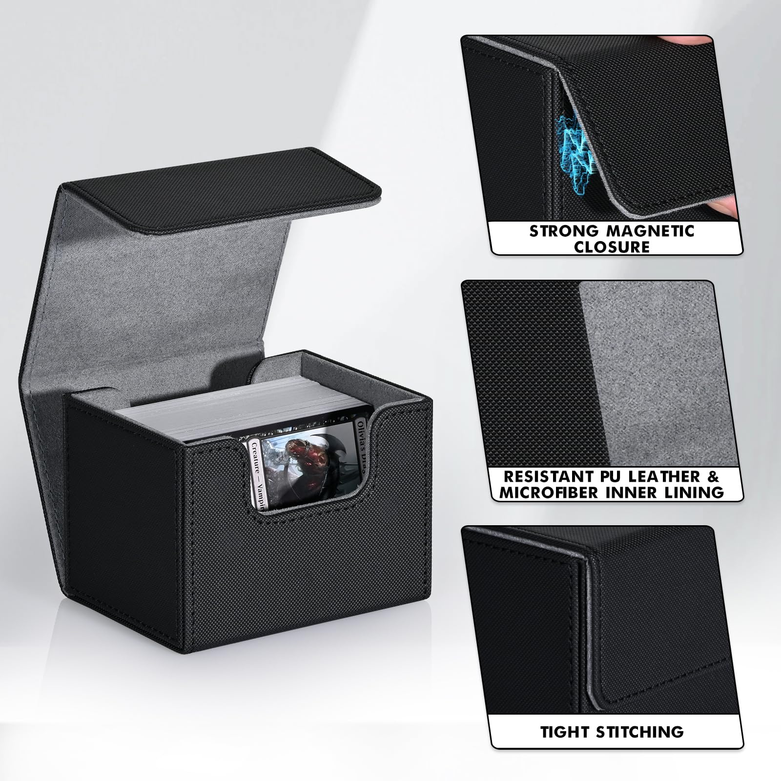 ZLCA MTG Deck Box with Commander Window Display, Commander Deck Box Holds 100 Double-Sleeved Cards Suitable for Magic the Gathering/TCG/CCG/PTCG/EDH/Sport Cards (Black)