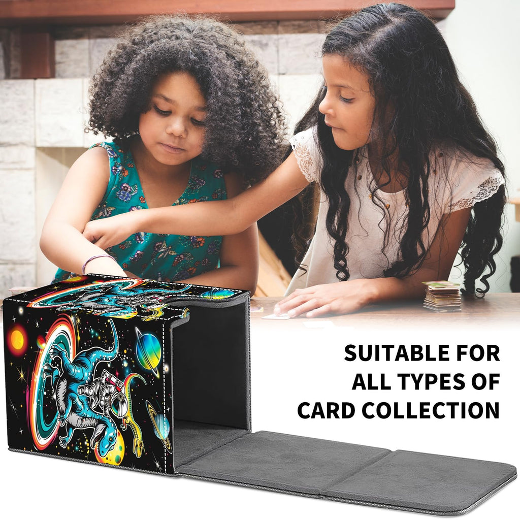 Card Deck Box for MTG Trading Cards, Magic Card Box Can Hold 110+ Single Sleeved Cards, Waterproof PU Leather Material, Strong Magnetic Buckle Card Set Box Suitable for TCG CCG, Astronaut Dinosaur