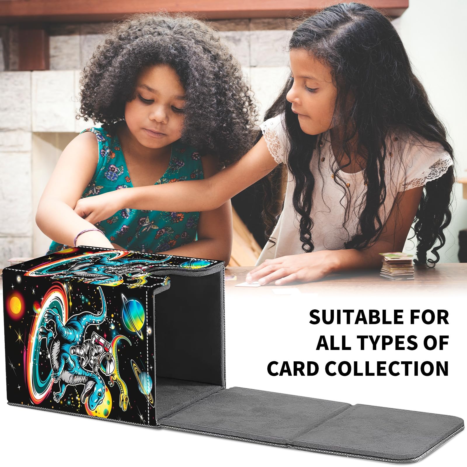 Card Deck Box for MTG Trading Cards, Magic Card Box Can Hold 110+ Single Sleeved Cards, Waterproof PU Leather Material, Strong Magnetic Buckle Card Set Box Suitable for TCG CCG, Astronaut Dinosaur