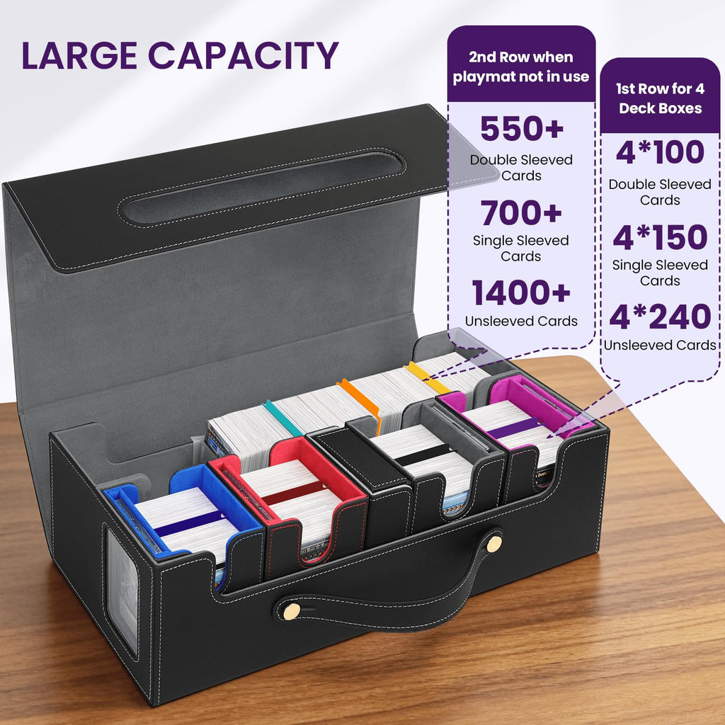 Card Deck Box for MTG with Commander Display, 5 in 1 Card Storage Box Fits 400+ Double-sleeved Cards, Deck Case for TCG Cards with Dividers, Dice Tray, Magnetic Card Holders, Black Purple