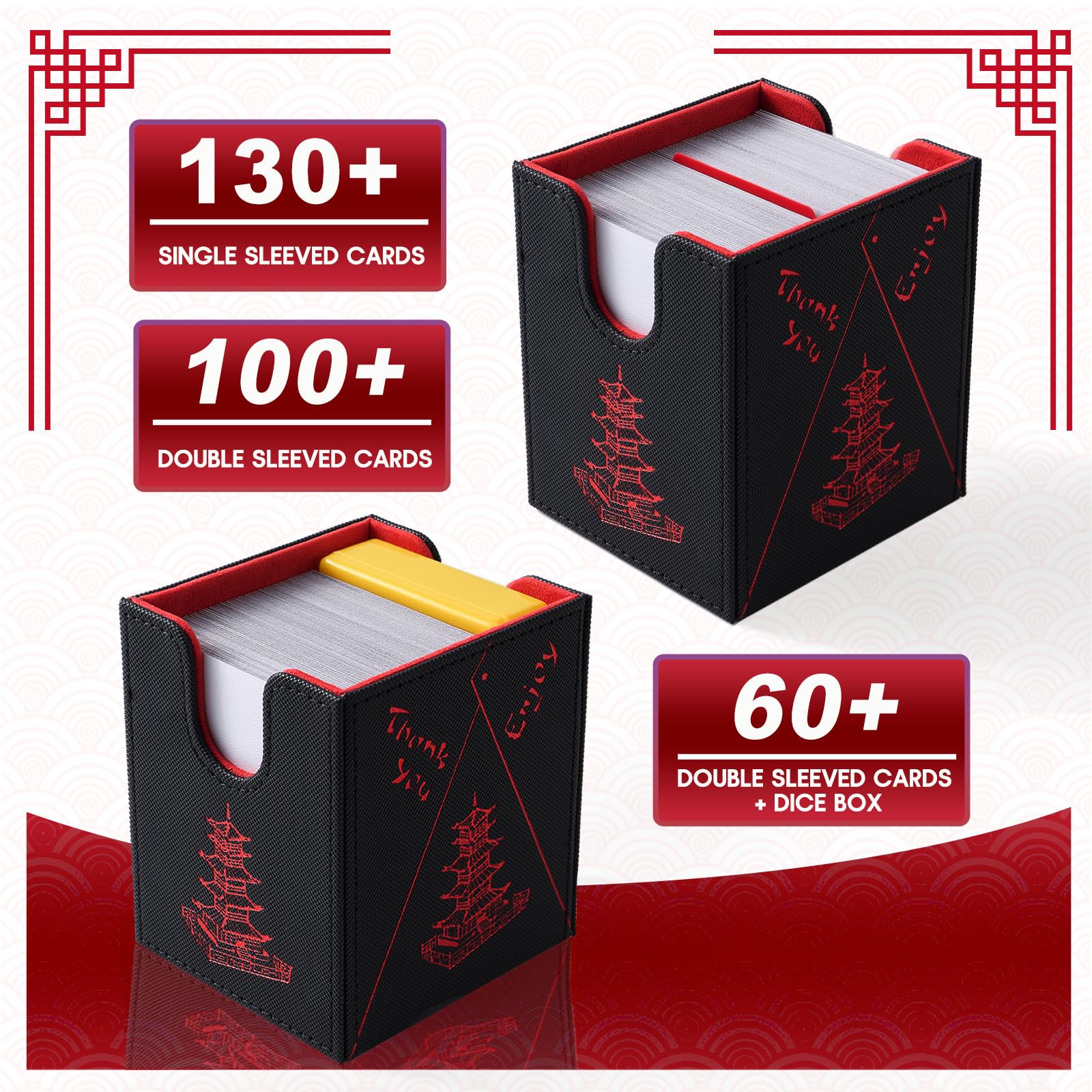 Venssu Chinese Takeout MTG Commander Deck Box, Fits TCG Cards (Black&Red) | Holds 130 Single/100 Double-Sleeved Cards, Fit MTG/PTCG/OPTCG Cards, Strong Magnet, PU Leather, With 2 Dividers