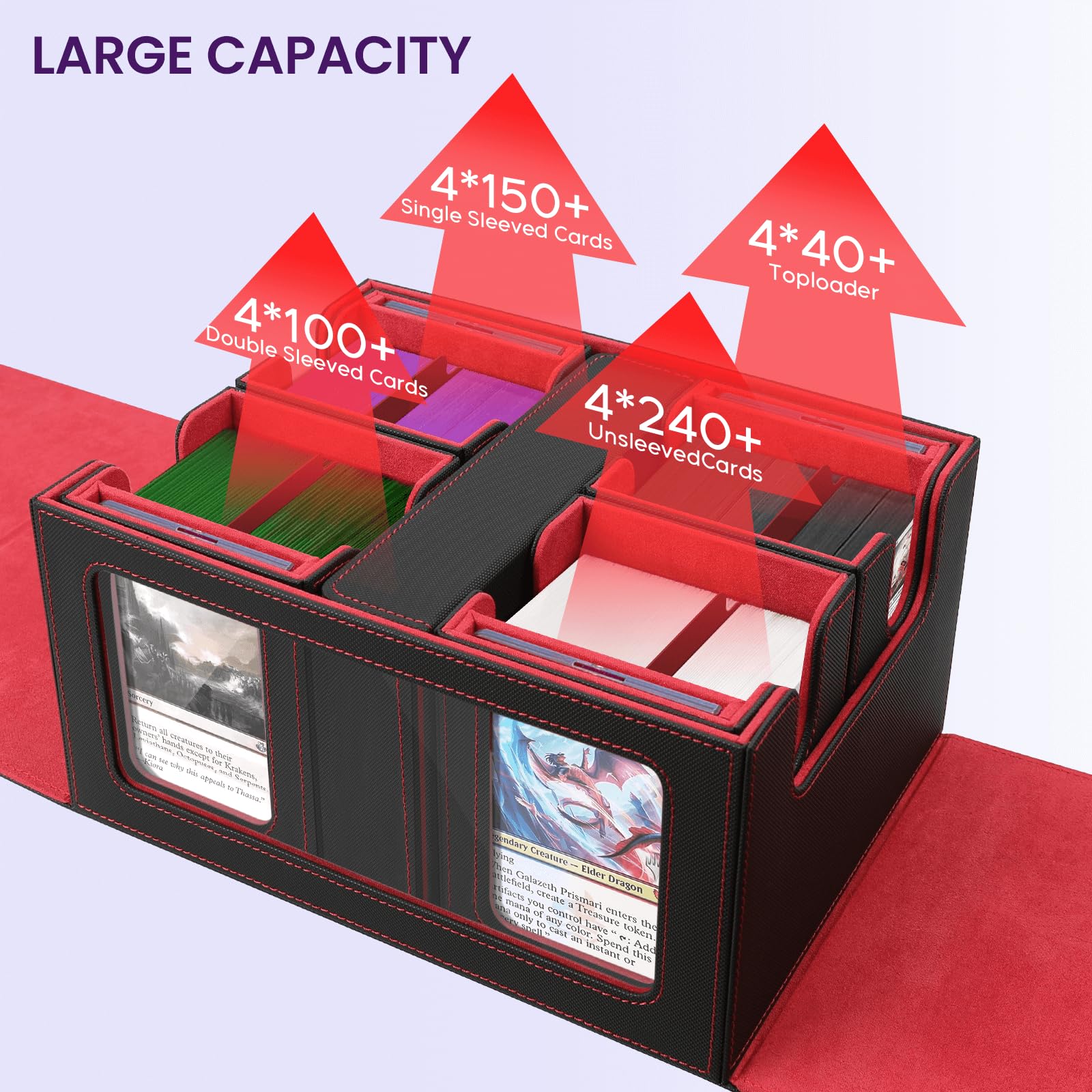 Card Deck Box for MTG with Commander Display, 5 in 1 Card Storage Box Fits 400+ Double-sleeved Cards, Deck Case for TCG Cards with Dividers, Dice Tray, Magnetic Card Holders, Black Purple