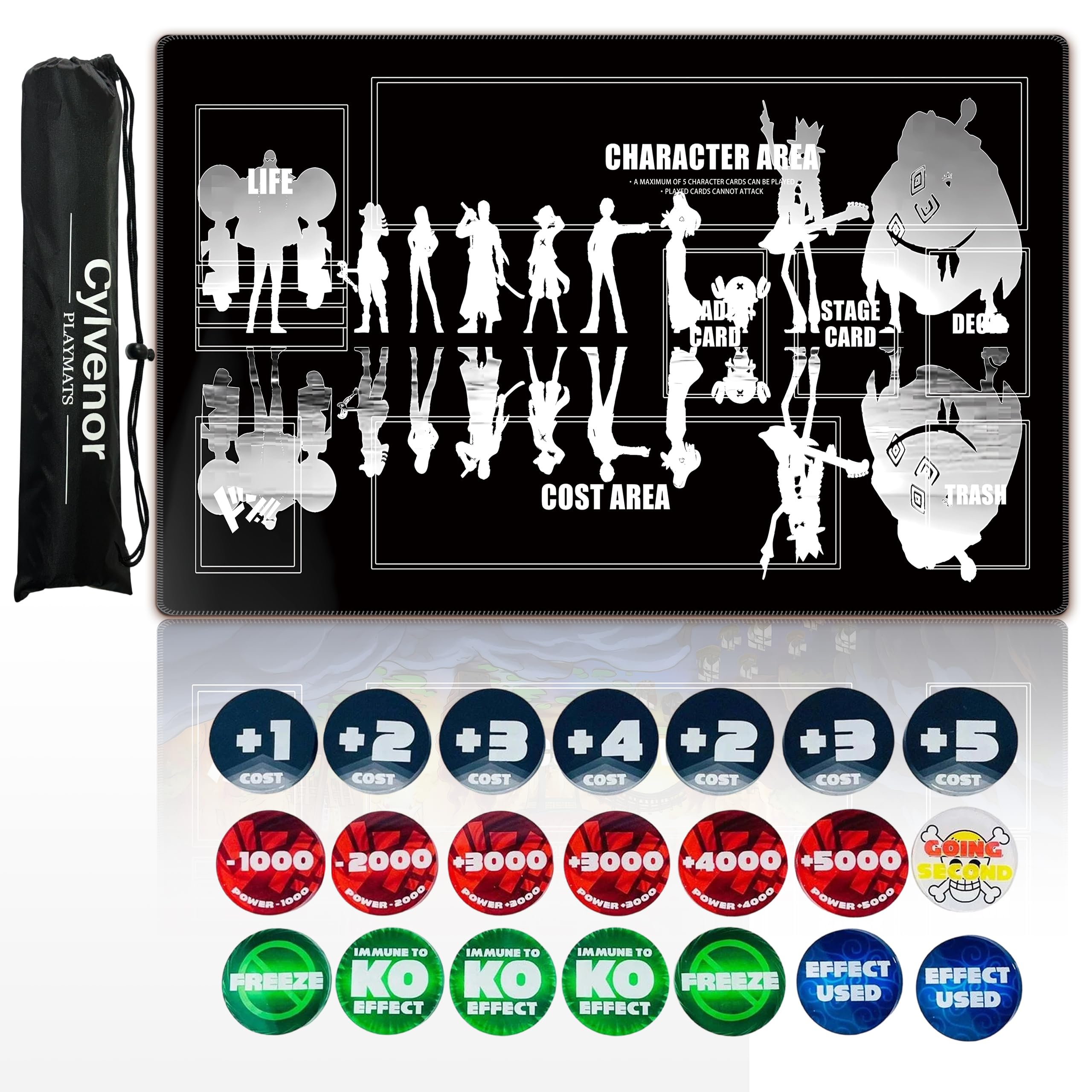 for one piece TCG playmat - 24x14 inches Rubber Card Game mat with Marked Areas, 20 Acrylic counters & Storage Bag for one piece Card Game Fans (Skeleton)