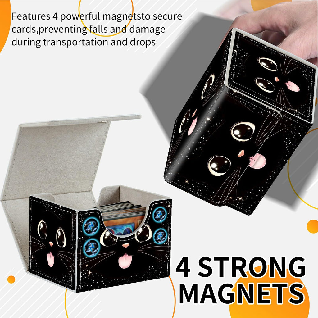 Card Deck Box Trading Cards Storage Box with Strong Magnet Premium Case Commander Deck Storage Cover for TCG CCG Magic Cards,Cat Face With Stars
