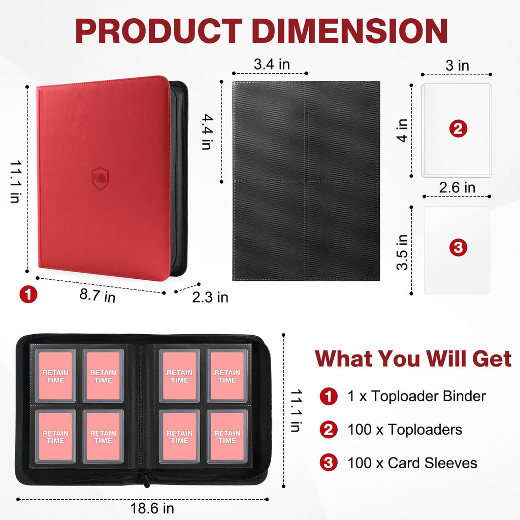 Toploader Binder, Holds 360 Toploader, 100 Toploaders INCLUDED, 9-Pocket PU Cover Top Loader Binder for 3" x 4" Rigid Toploaders, Ringless Double-Sided Toploader Card Binder for TCG, Sport Cards
