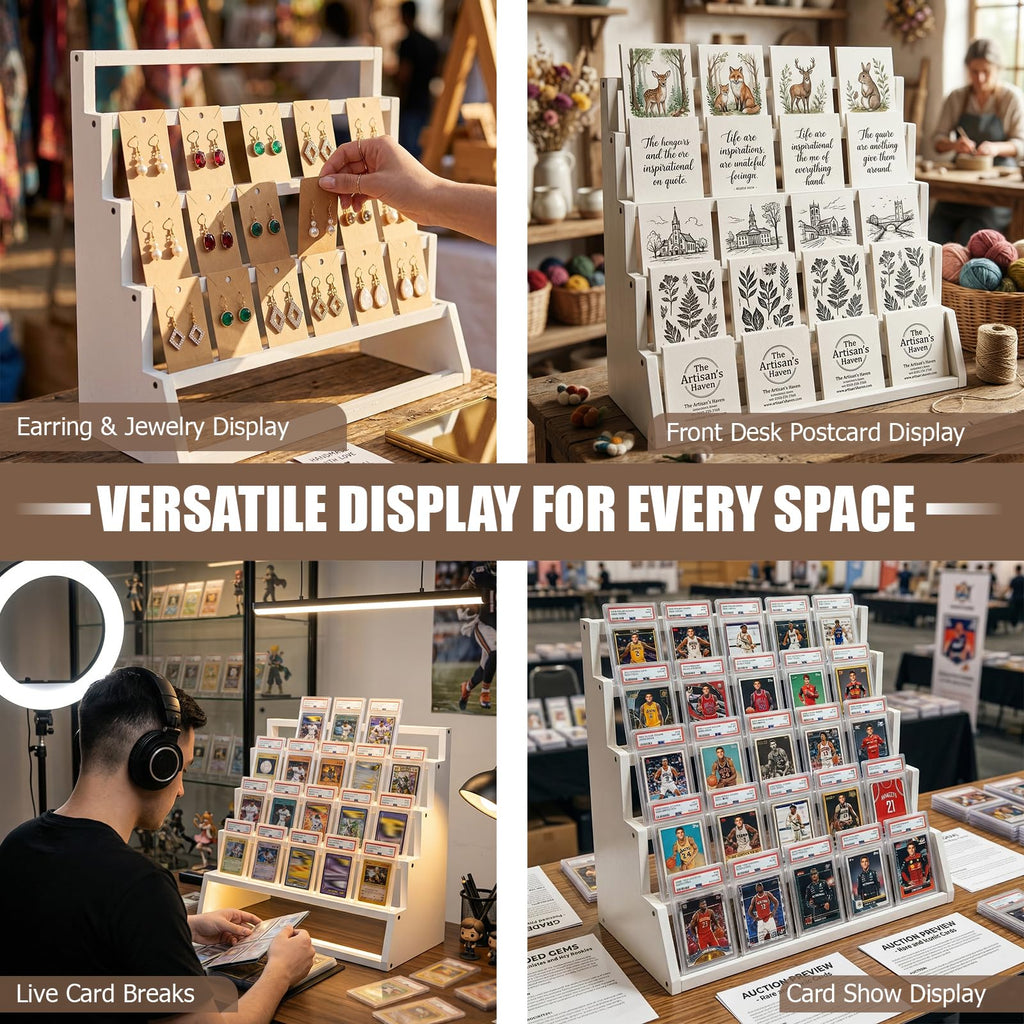 5 Tier Wooden Card Display Stand – Vertical Card Holder Display for Trading Cards, Game Cards, Sports Cards, Graded PSA/BGS/SGC, Baseball, Basketball&Football(Soccer) Card Stand, Desk & Shelf Organize,Black