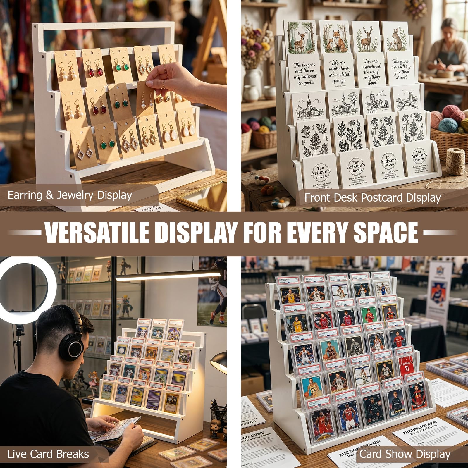 5 Tier Wooden Card Display Stand – Vertical Card Holder Display for Trading Cards, Game Cards, Sports Cards, Graded PSA/BGS/SGC, Baseball, Basketball&Football(Soccer) Card Stand, Desk & Shelf Organize,Black
