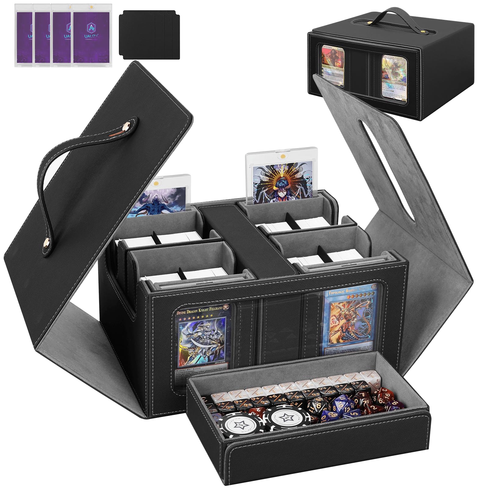 Card Deck Box for MTG with Commander Display, 5 in 1 Card Storage Box Fits 400+ Double-sleeved Cards, Deck Case for TCG Cards with Dividers, Dice Tray, Magnetic Card Holders, Black Purple