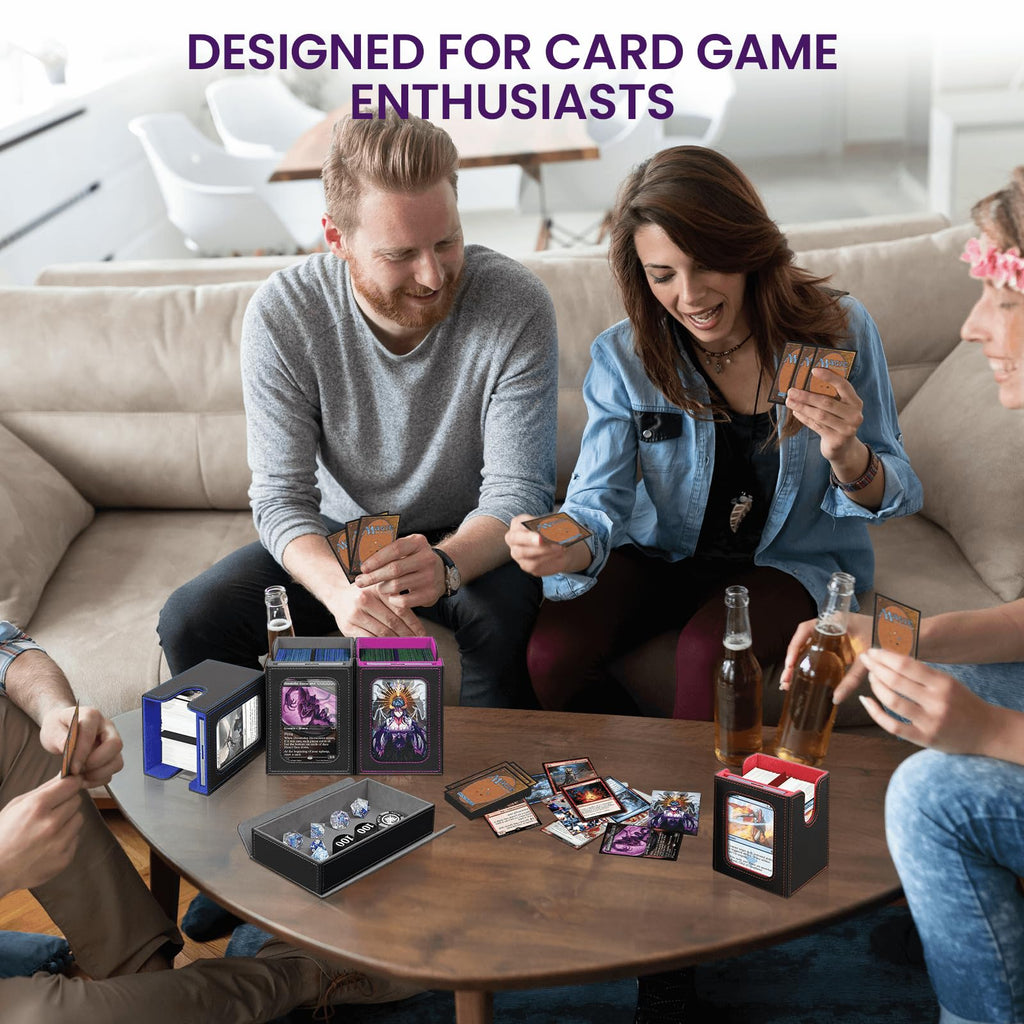 Card Deck Box for MTG with Commander Display, 5 in 1 Card Storage Box Fits 400+ Double-sleeved Cards, Deck Case for TCG Cards with Dividers, Dice Tray, Magnetic Card Holders, Black Purple