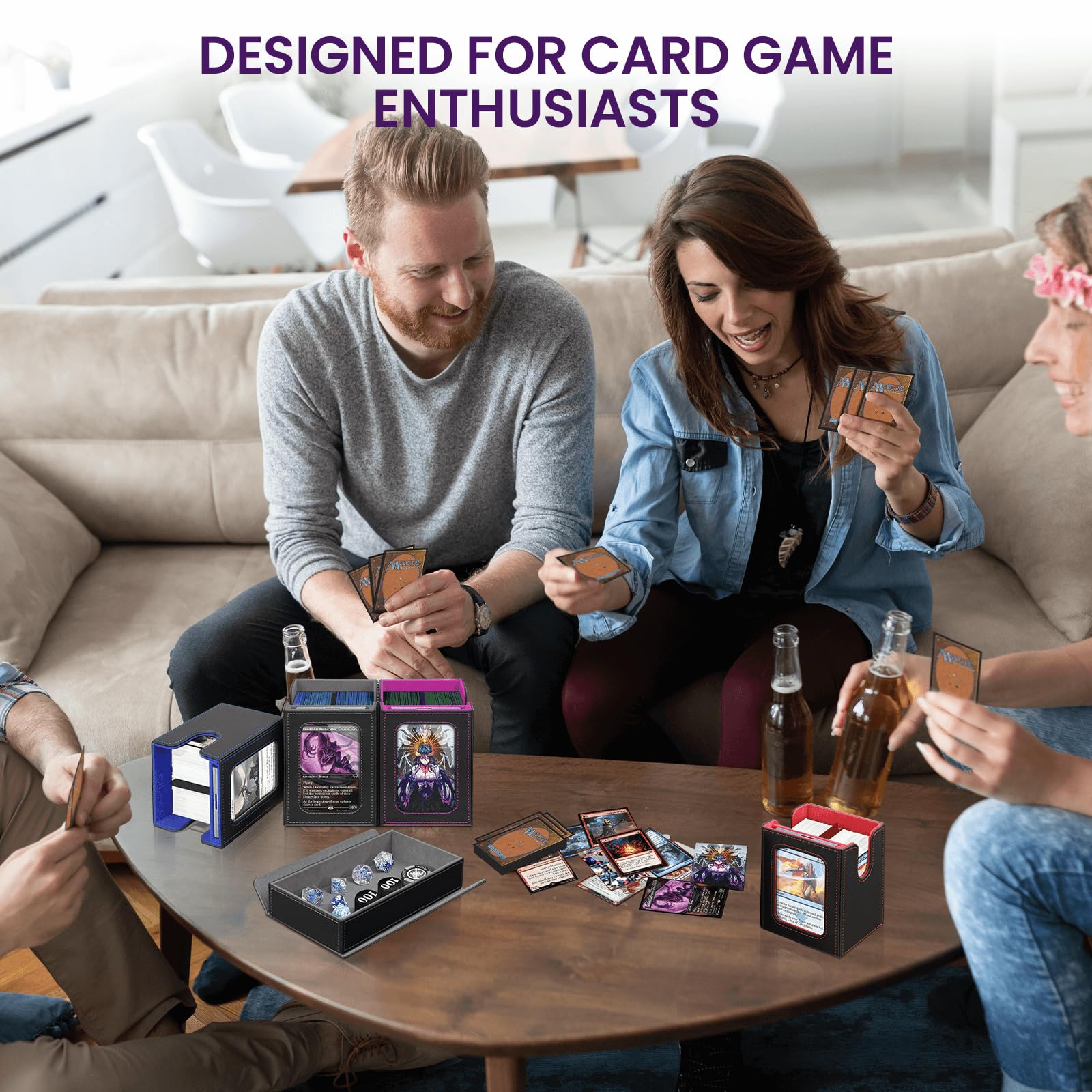 Card Deck Box for MTG with Commander Display, 5 in 1 Card Storage Box Fits 400+ Double-sleeved Cards, Deck Case for TCG Cards with Dividers, Dice Tray, Magnetic Card Holders, Black Purple