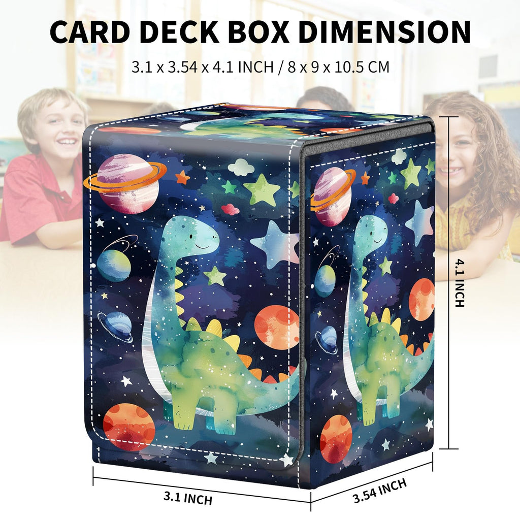 Card Deck Box for MTG Trading Cards, Magic Card Box Can Hold 110+ Single Sleeved Cards, Waterproof PU Leather Material, Strong Magnetic Buckle Card Set Box Suitable for TCG CCG, Astronaut Dinosaur