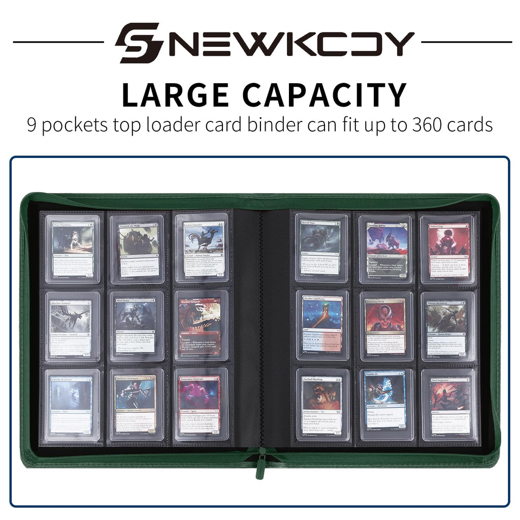 Snekdy Top loader Binder, 9 Pockets Top Loader，Holds 360 Top Loaders cards, Card binder with Sleeves for card in 3 x 4 inches color smooth Zipper PU Leather (Black)
