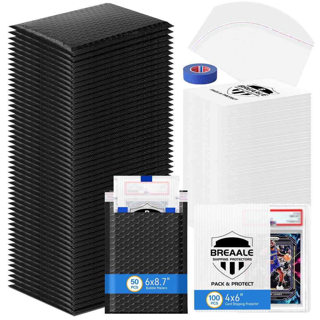 Trading Card Shipping Kit, Includes 100 4'' x 6'' Graded Card Shipping Protectors, 50 6'' x 8.7'' Envelope Bubble Mailers, 20M Painter’s Tape, 50 Cellophane Bags, PSA BGS CGC Slabs & Raw