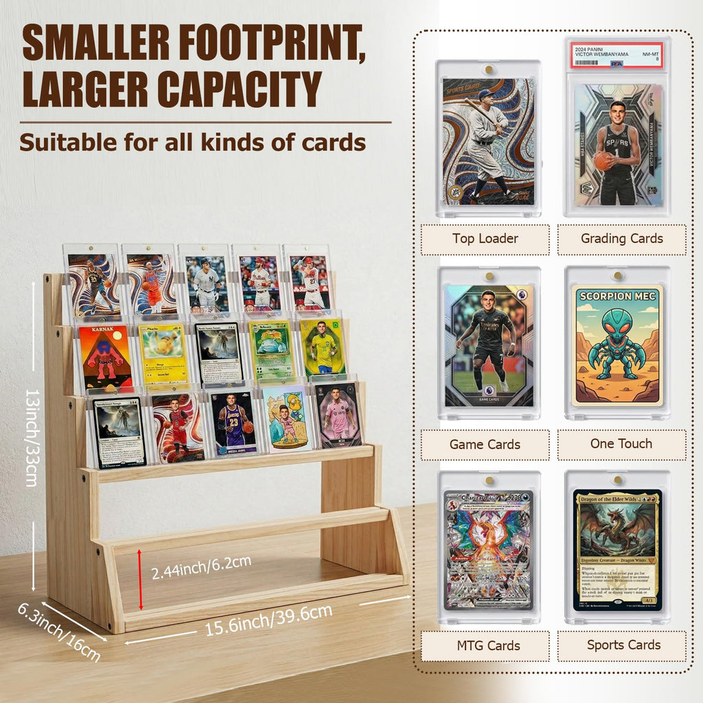 5 Tier Wooden Card Display Stand – Vertical Card Holder Display for Trading Cards, Game Cards, Sports Cards, Graded PSA/BGS/SGC, Baseball, Basketball&Football(Soccer) Card Stand, Desk & Shelf Organize,Black