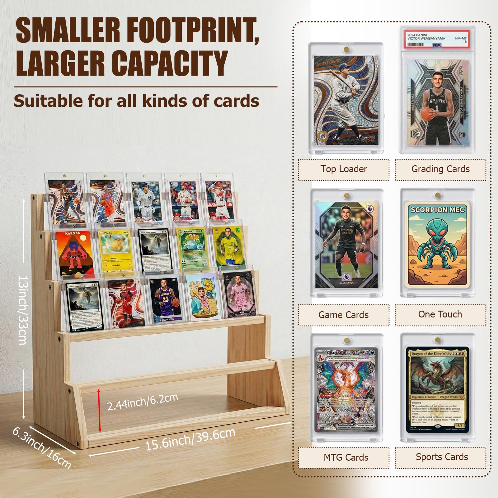5 Tier Wooden Card Display Stand – Vertical Card Holder Display for Trading Cards, Game Cards, Sports Cards, Graded PSA/BGS/SGC, Baseball, Basketball&Football(Soccer) Card Stand, Desk & Shelf Organize,Black
