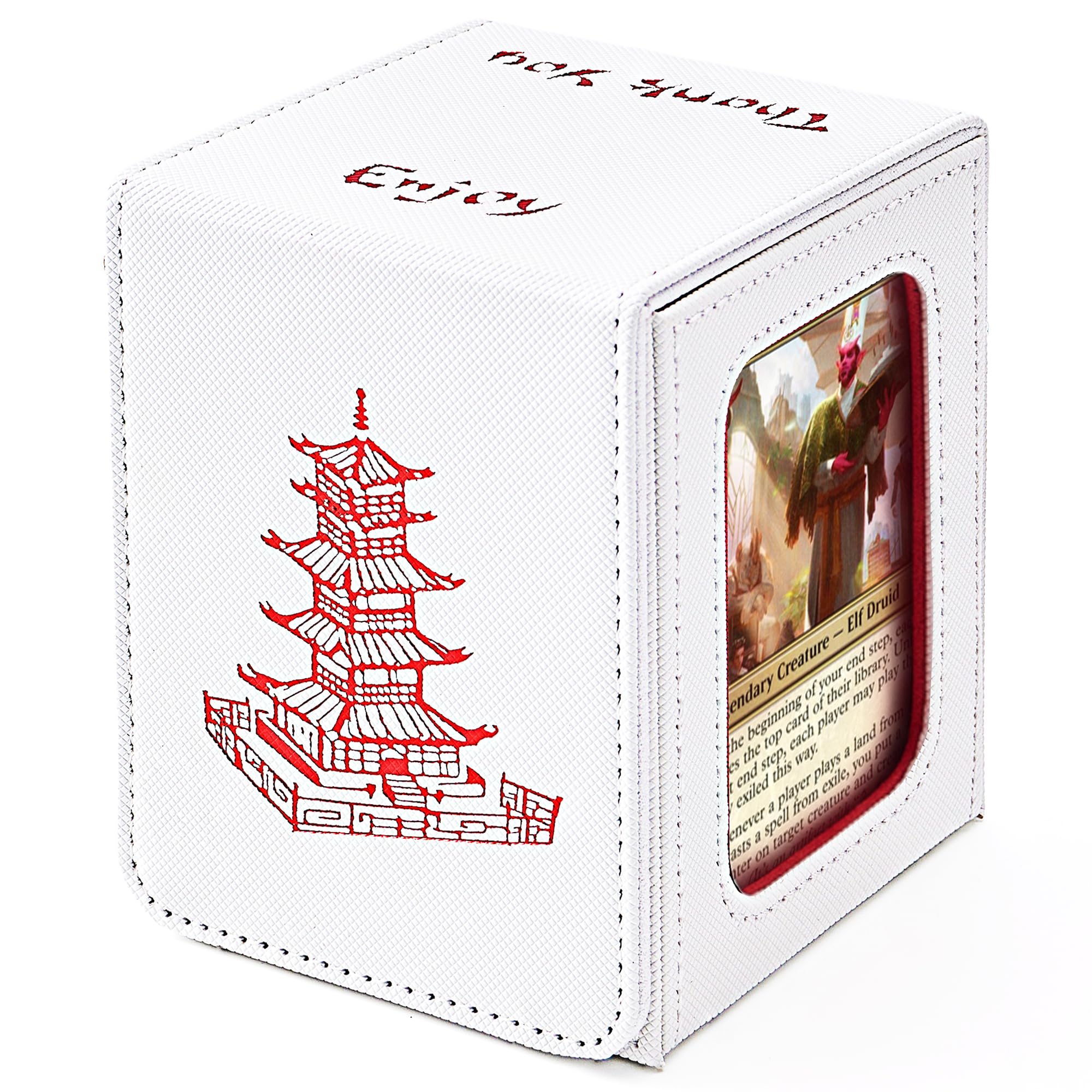 Venssu Chinese Takeout Deck Box with Commander Display, MTG Deck Case Fits 100 Double Sleeved Cards / 35+ Toploaders, Fake Leather Storage Box Compatible with TCG/PTCG Cards（White and Red）
