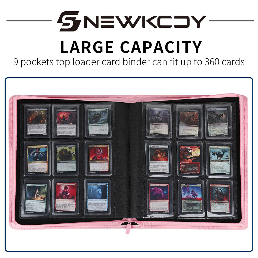 Snekdy Top loader Binder, 9 Pockets Top Loader，Holds 360 Top Loaders cards, Card binder with Sleeves for card in 3 x 4 inches color smooth Zipper PU Leather (Black)