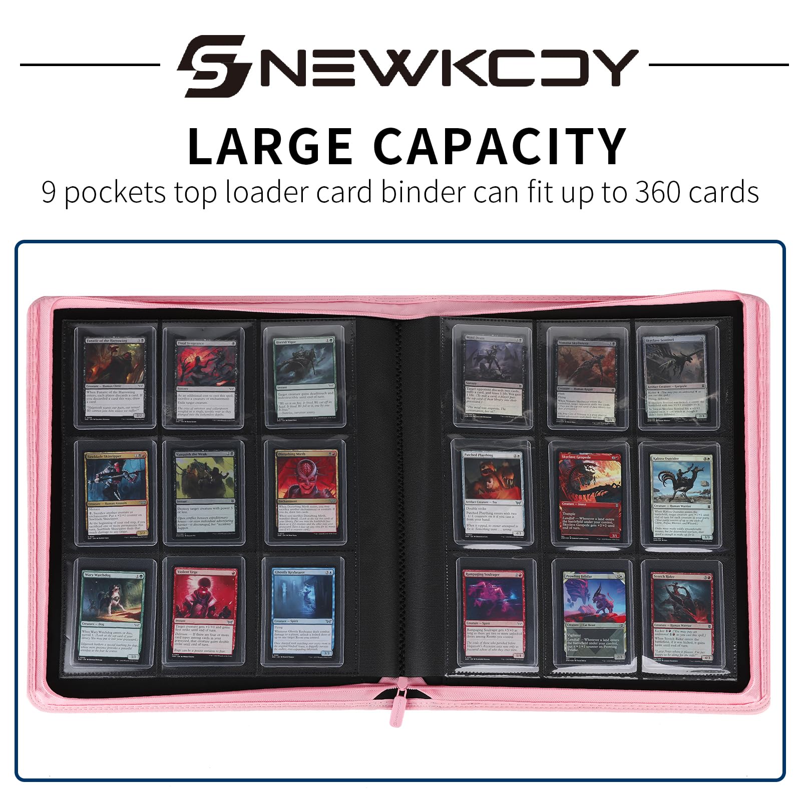 Snekdy Top loader Binder, 9 Pockets Top Loader，Holds 360 Top Loaders cards, Card binder with Sleeves for card in 3 x 4 inches color smooth Zipper PU Leather (Black)
