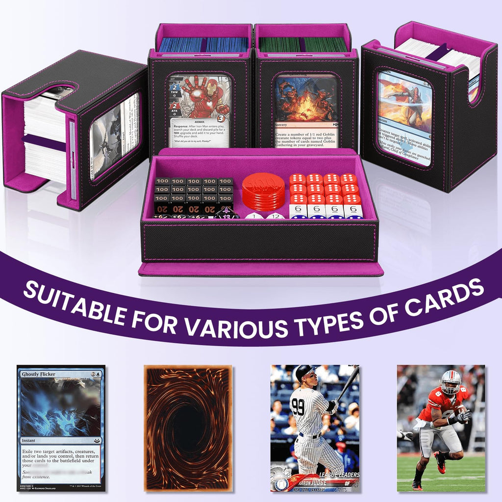 Card Deck Box for MTG with Commander Display, 5 in 1 Card Storage Box Fits 400+ Double-sleeved Cards, Deck Case for TCG Cards with Dividers, Dice Tray, Magnetic Card Holders, Black Purple