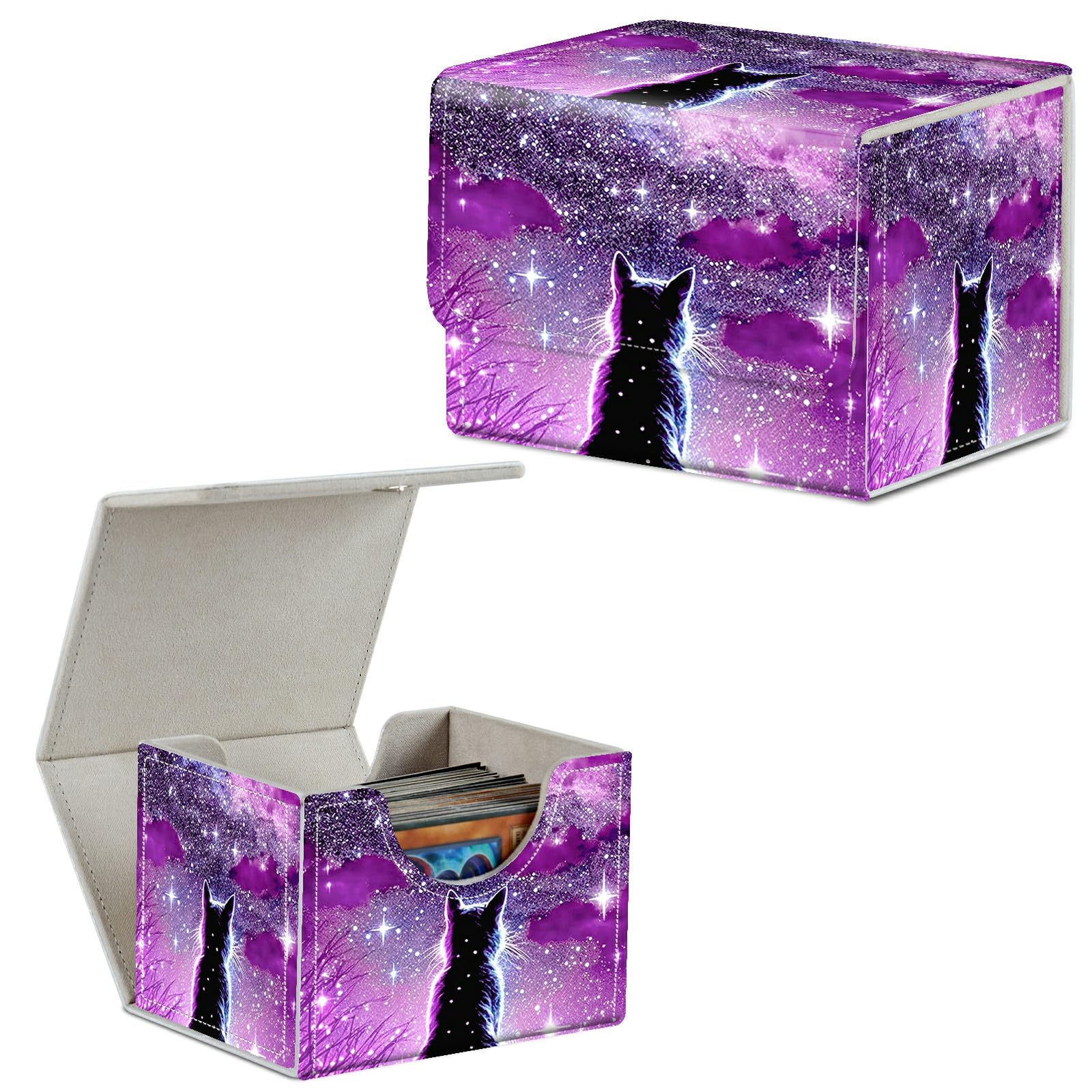 Card Deck Box Trading Cards Storage Box with Strong Magnet Premium Case Commander Deck Storage Cover for TCG CCG Magic Cards,Cat Face With Stars