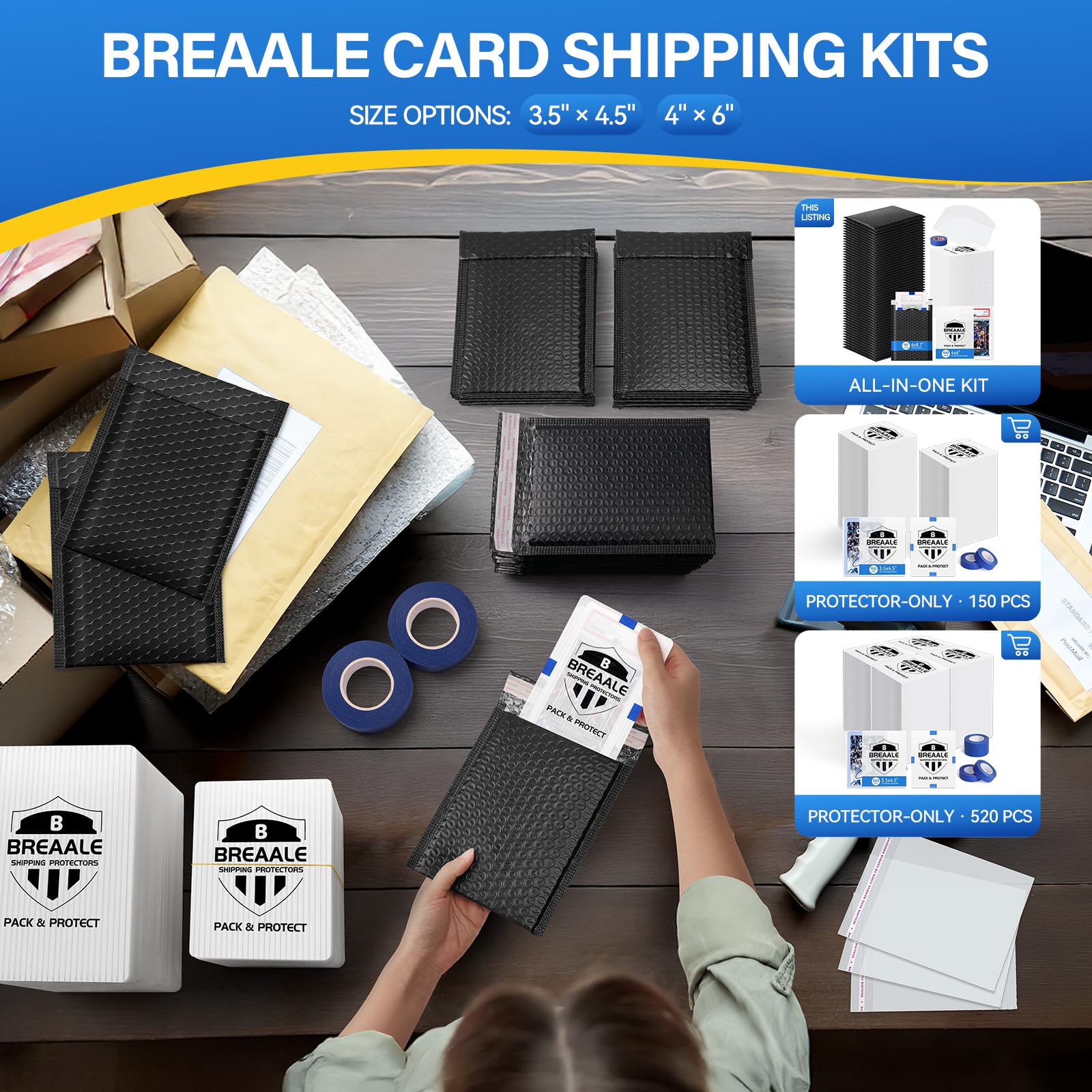 Trading Card Shipping Kit, Includes 100 4'' x 6'' Graded Card Shipping Protectors, 50 6'' x 8.7'' Envelope Bubble Mailers, 20M Painter’s Tape, 50 Cellophane Bags, PSA BGS CGC Slabs & Raw