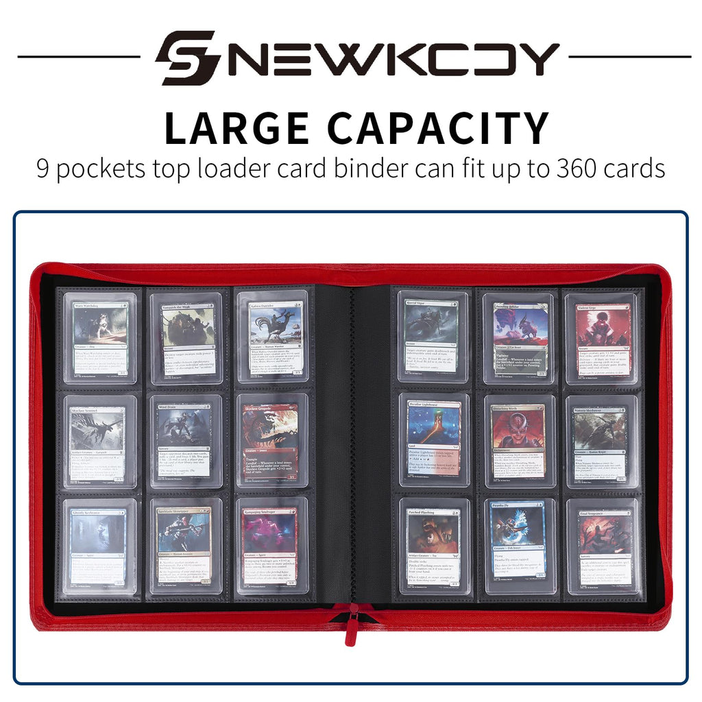 Snekdy Top loader Binder, 9 Pockets Top Loader，Holds 360 Top Loaders cards, Card binder with Sleeves for card in 3 x 4 inches color smooth Zipper PU Leather (Black)