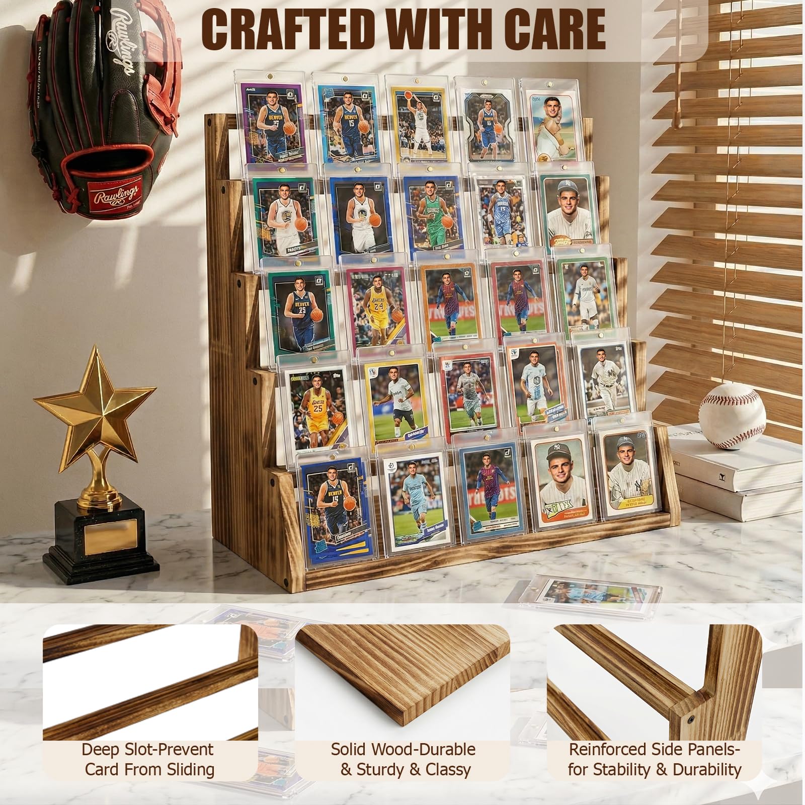 5 Tier Wooden Card Display Stand – Vertical Card Holder Display for Trading Cards, Game Cards, Sports Cards, Graded PSA/BGS/SGC, Baseball, Basketball&Football(Soccer) Card Stand, Desk & Shelf Organize,Black
