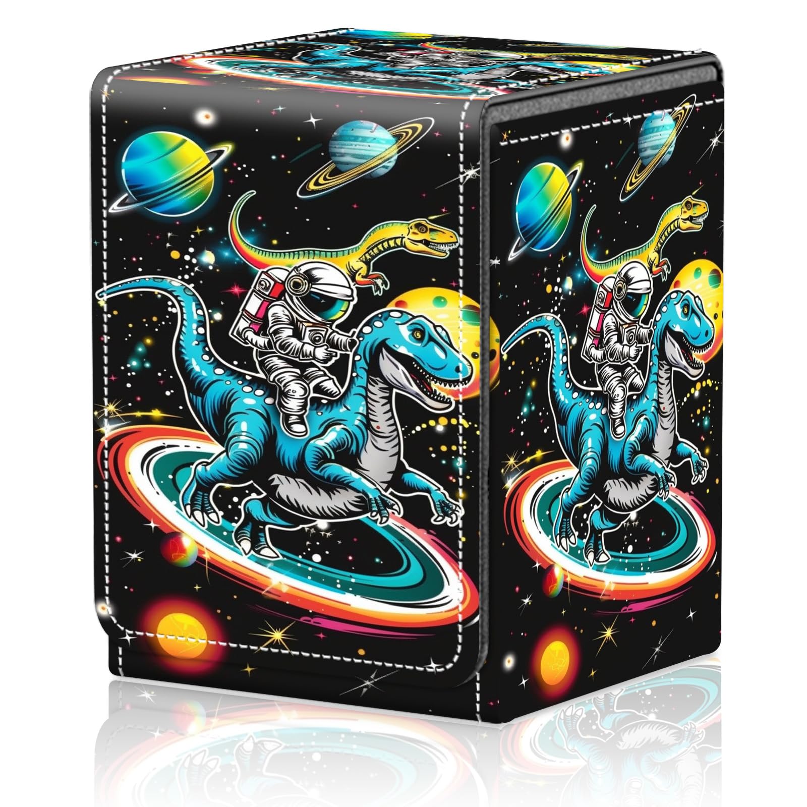 Card Deck Box for MTG Trading Cards, Magic Card Box Can Hold 110+ Single Sleeved Cards, Waterproof PU Leather Material, Strong Magnetic Buckle Card Set Box Suitable for TCG CCG, Astronaut Dinosaur