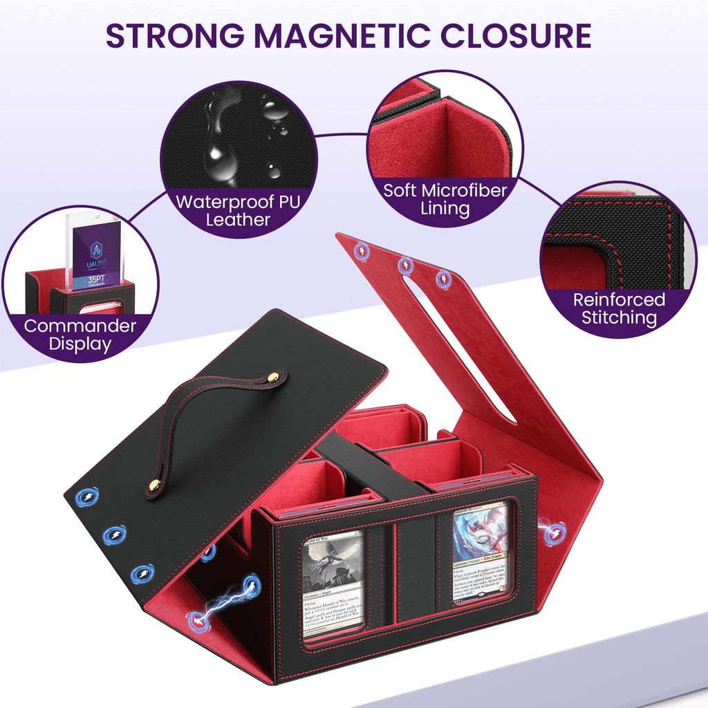 Card Deck Box for MTG with Commander Display, 5 in 1 Card Storage Box Fits 400+ Double-sleeved Cards, Deck Case for TCG Cards with Dividers, Dice Tray, Magnetic Card Holders, Black Purple