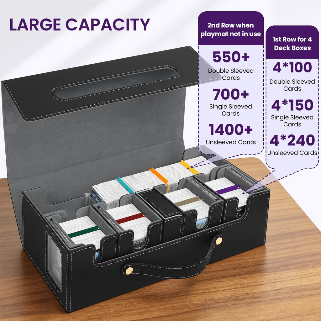 Card Deck Box for MTG with Commander Display, 5 in 1 Card Storage Box Fits 400+ Double-sleeved Cards, Deck Case for TCG Cards with Dividers, Dice Tray, Magnetic Card Holders, Black Purple