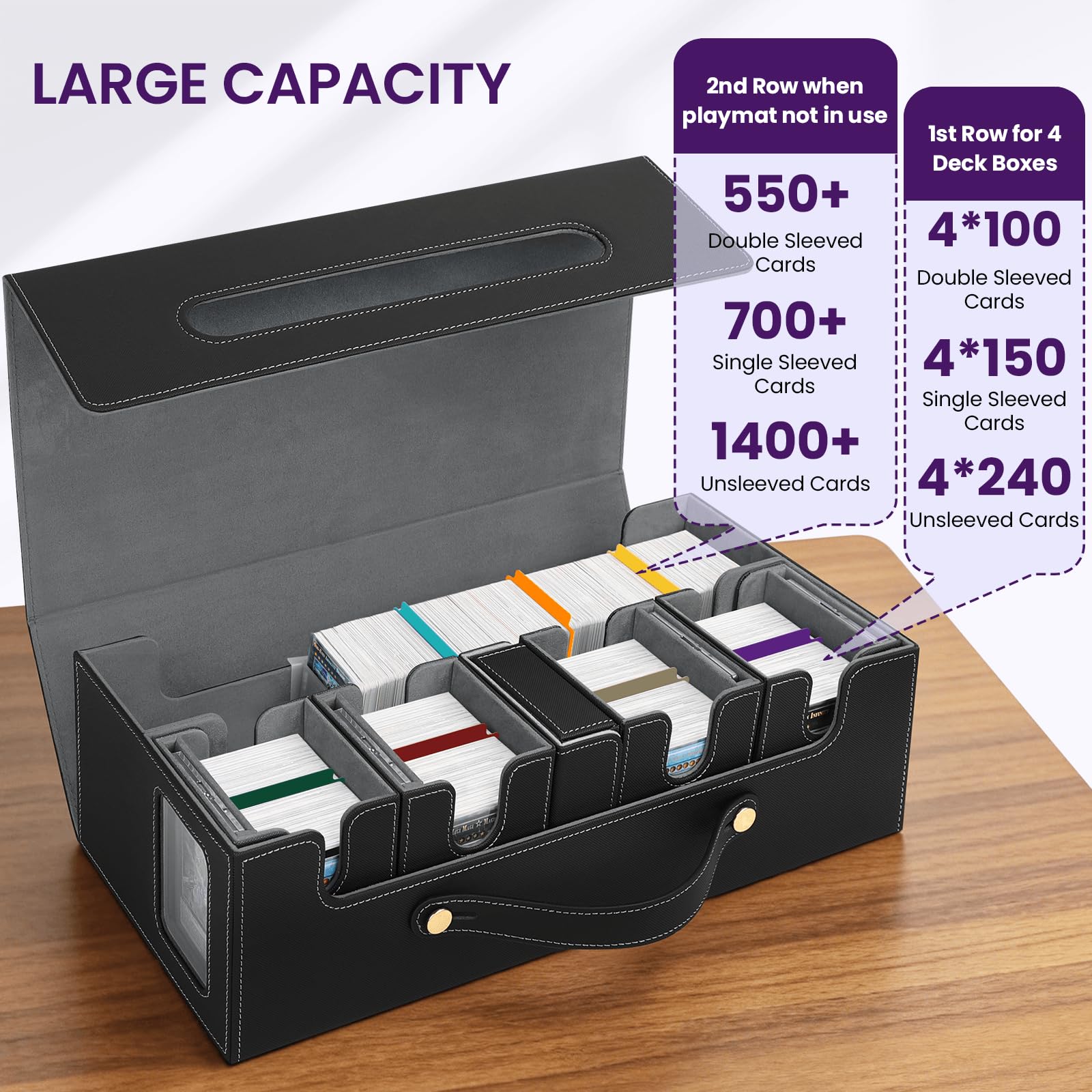Card Deck Box for MTG with Commander Display, 5 in 1 Card Storage Box Fits 400+ Double-sleeved Cards, Deck Case for TCG Cards with Dividers, Dice Tray, Magnetic Card Holders, Black Purple