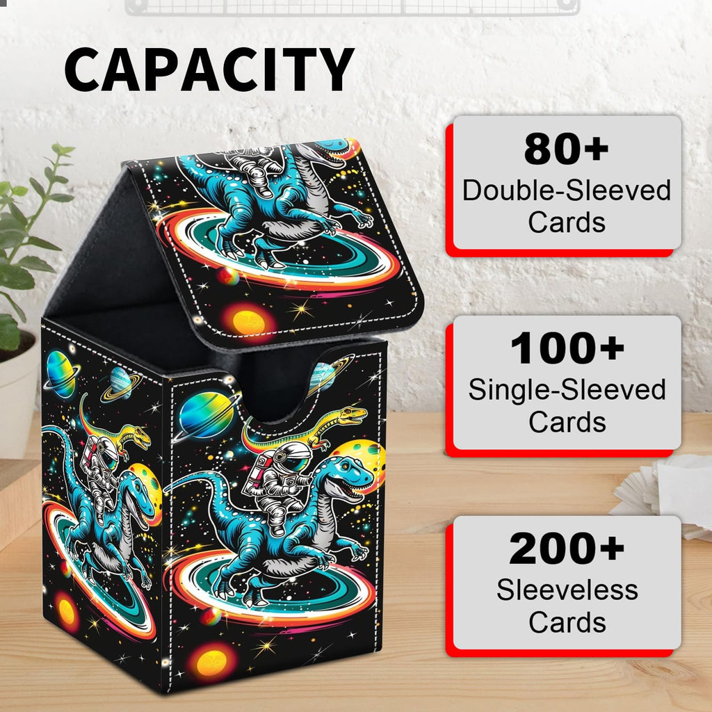 Card Deck Box for MTG Trading Cards, Magic Card Box Can Hold 110+ Single Sleeved Cards, Waterproof PU Leather Material, Strong Magnetic Buckle Card Set Box Suitable for TCG CCG, Astronaut Dinosaur