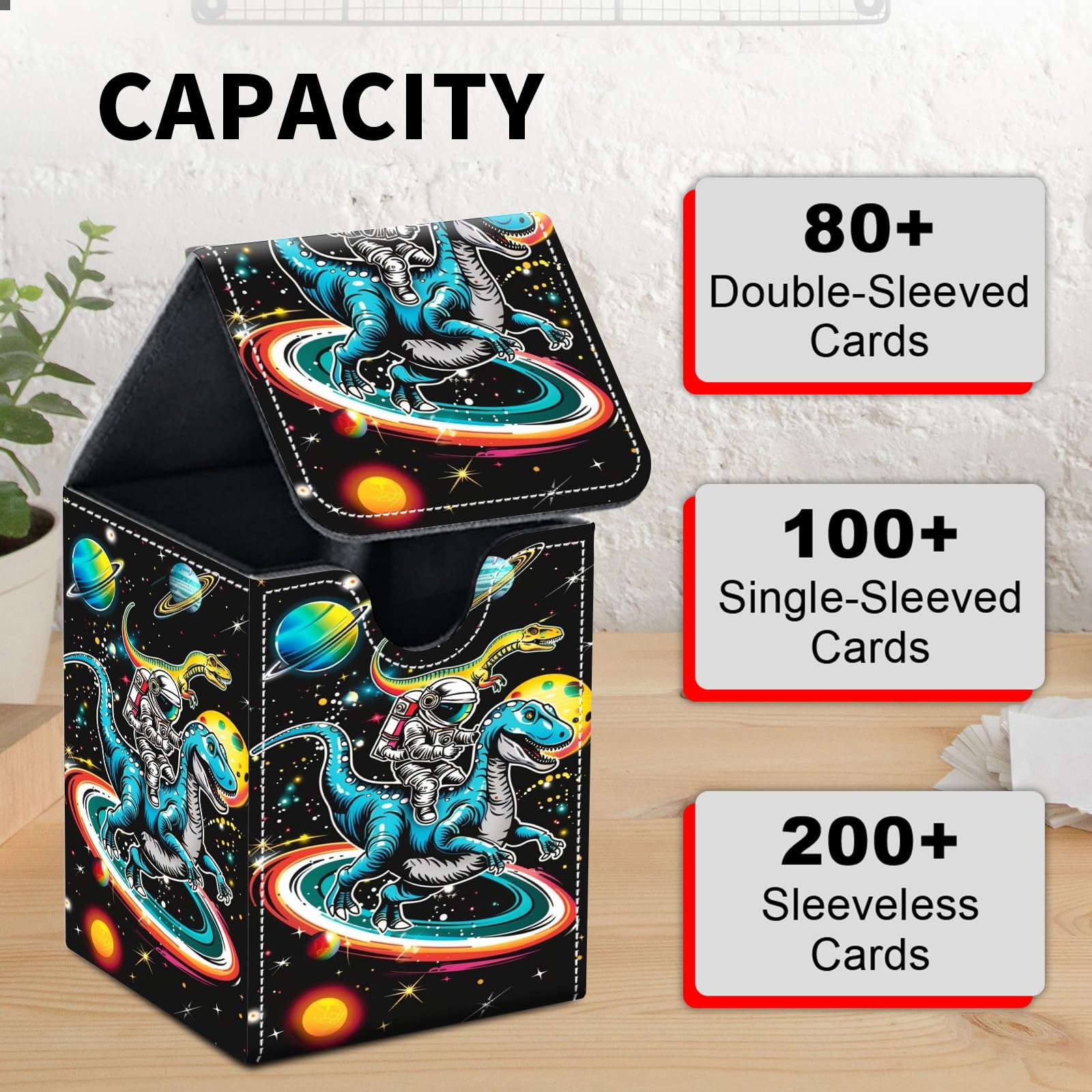 Card Deck Box for MTG Trading Cards, Magic Card Box Can Hold 110+ Single Sleeved Cards, Waterproof PU Leather Material, Strong Magnetic Buckle Card Set Box Suitable for TCG CCG, Astronaut Dinosaur