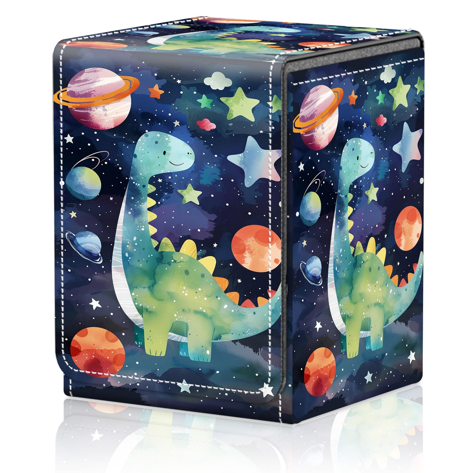 Card Deck Box for MTG Trading Cards, Magic Card Box Can Hold 110+ Single Sleeved Cards, Waterproof PU Leather Material, Strong Magnetic Buckle Card Set Box Suitable for TCG CCG, Astronaut Dinosaur