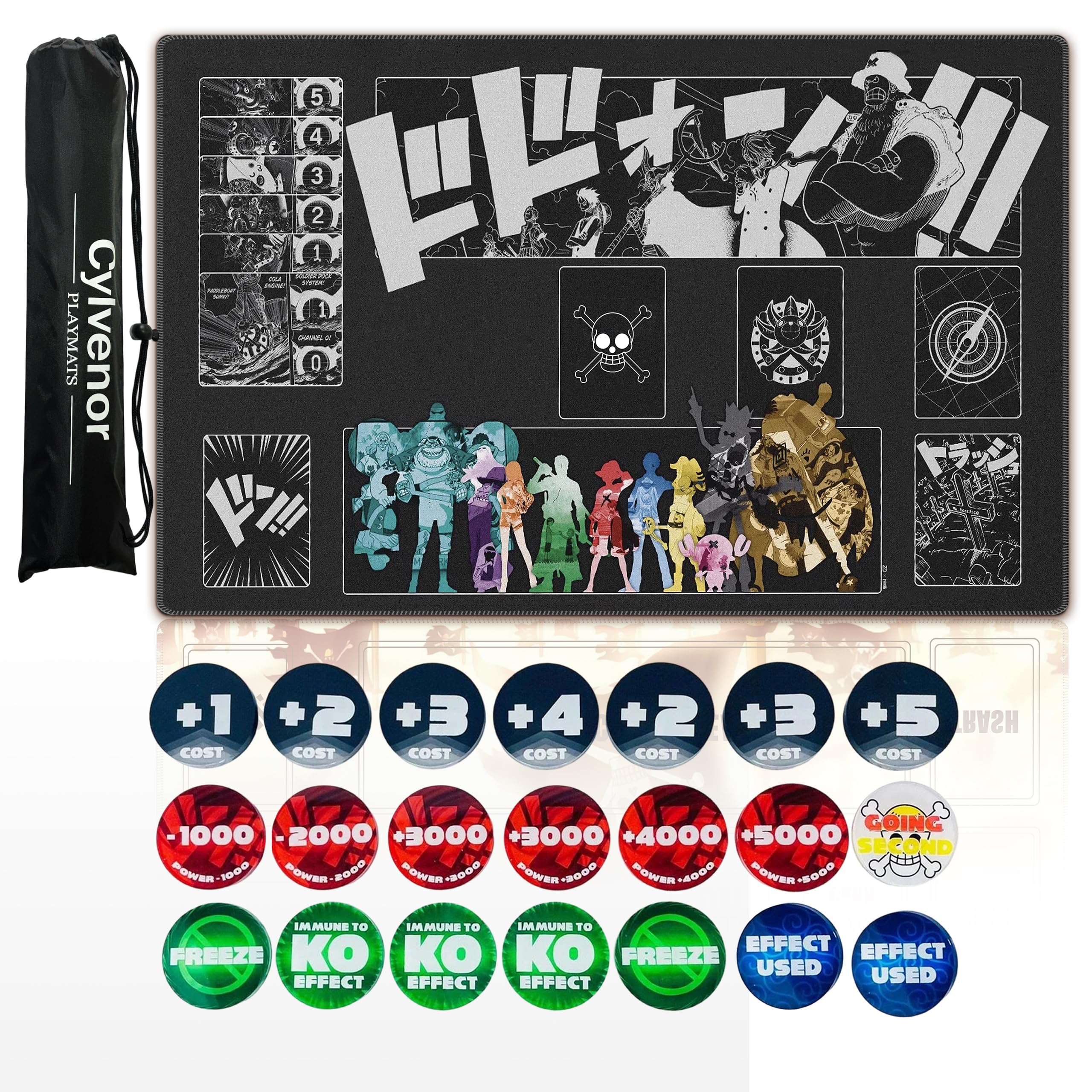 for one piece TCG playmat - 24x14 inches Rubber Card Game mat with Marked Areas, 20 Acrylic counters & Storage Bag for one piece Card Game Fans (Skeleton)